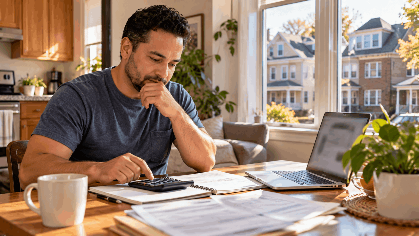 First-time homebuyer in Paterson, NJ, reviewing mortgage costs, household expenses, and homeownership budget with a calculator and laptop while comparing renting versus buying a home in 2026.