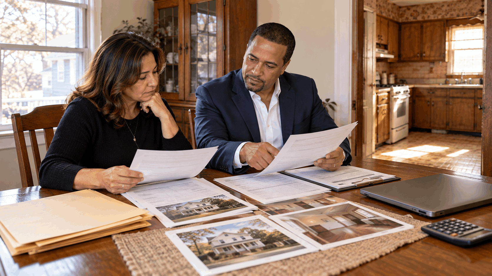 Estate representative reviewing property offers and repair estimates with a North Jersey real estate adviser before deciding whether to sell an inherited house as-is in Clifton, NJ.