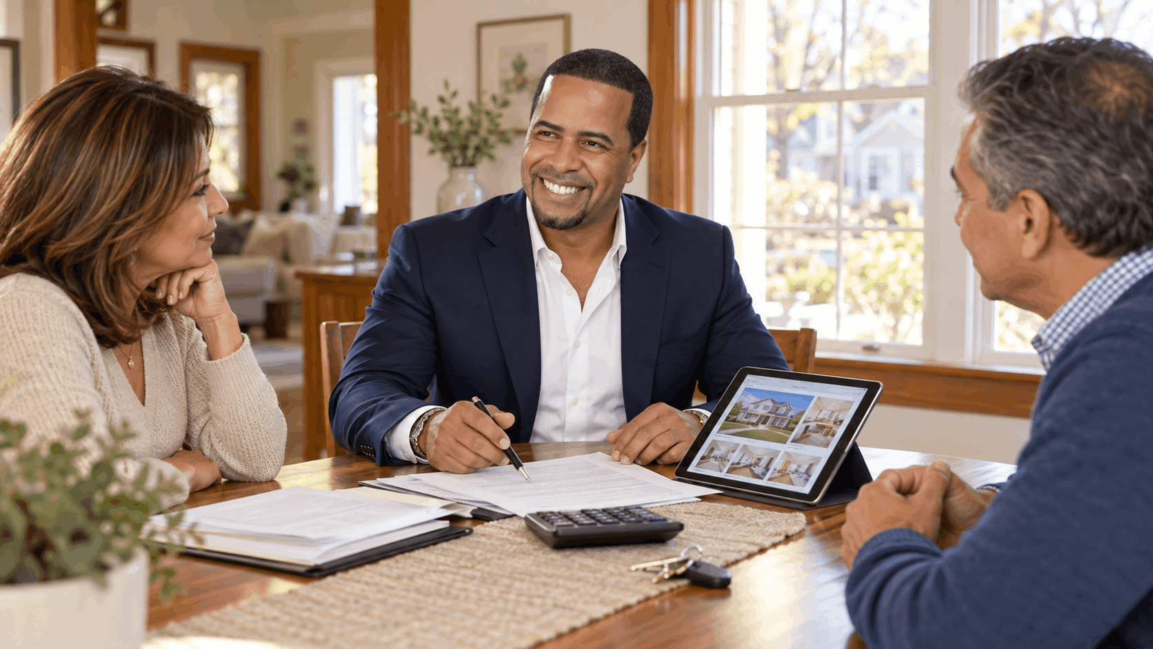 Johnny Rodriguez, North Jersey Realtor, reviewing probate house selling costs, closing fees, and marketing options with estate representatives inside an inherited home in Clifton, NJ.