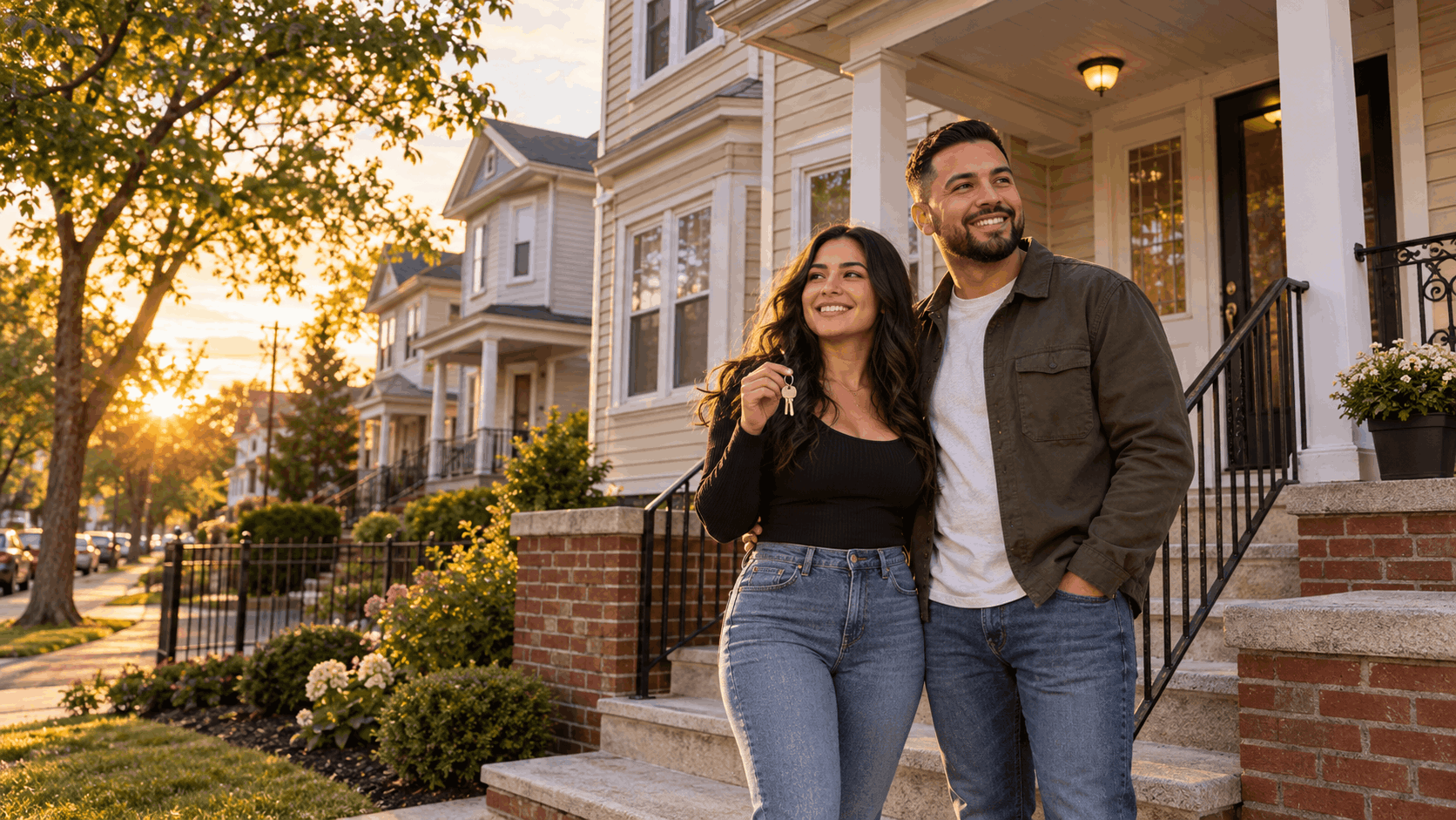 Happy first-time homebuyer couple holding house keys outside their newly purchased two-family home in Paterson, NJ, celebrating homeownership on a tree-lined North Jersey street.