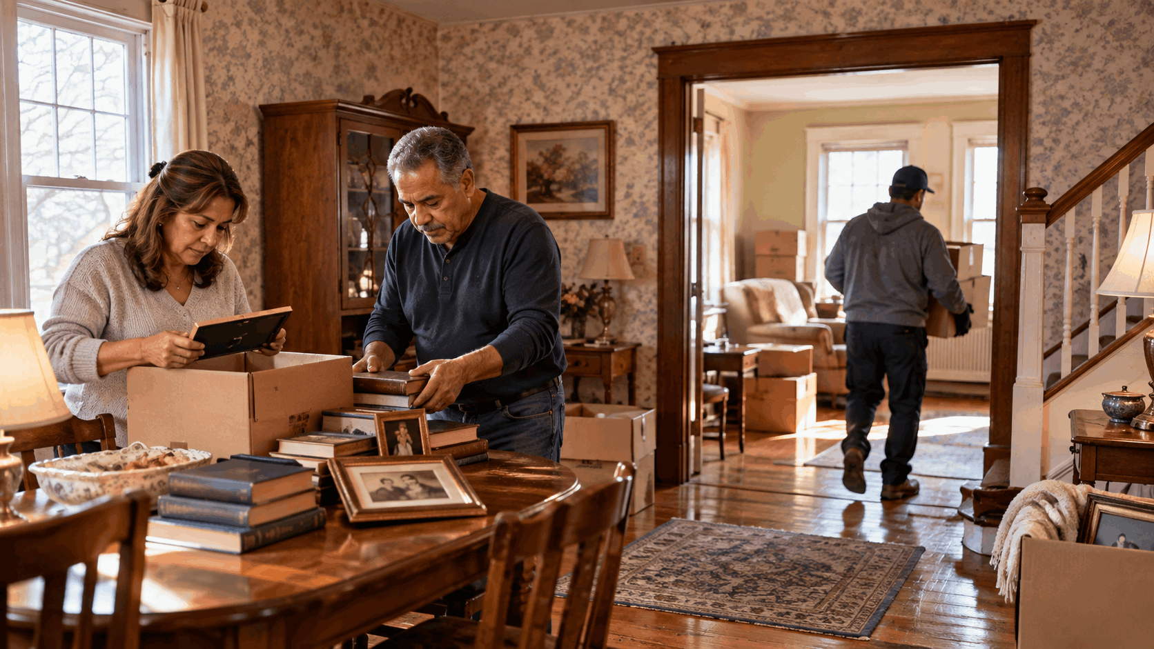 Family members sorting personal belongings, photographs, and moving boxes during an inherited house cleanout in Paterson, NJ, preparing the probate property for sale.