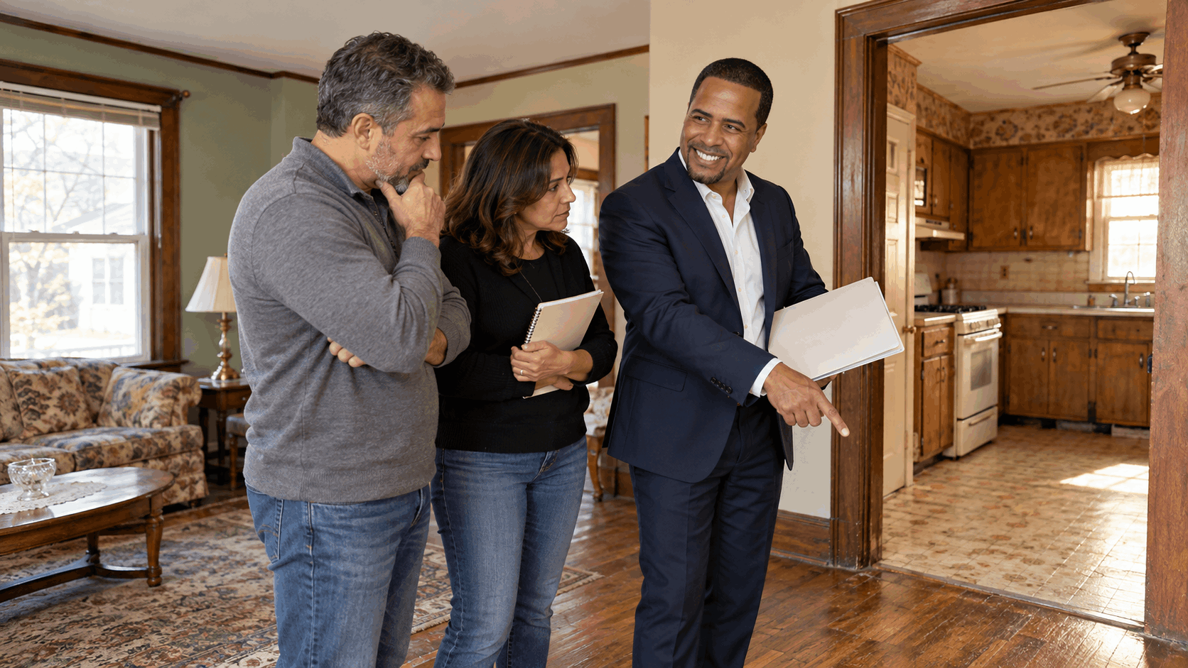 Johnny Rodriguez, North Jersey Realtor, advising family members on repair costs and selling an inherited house as-is in Clifton, NJ, while reviewing outdated flooring and kitchen conditions.
