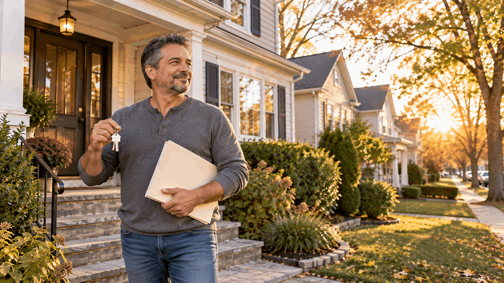 Homeowner holding house keys and closing documents outside a traditional colonial home in Clifton, NJ, after deciding how to sell an inherited property as-is.