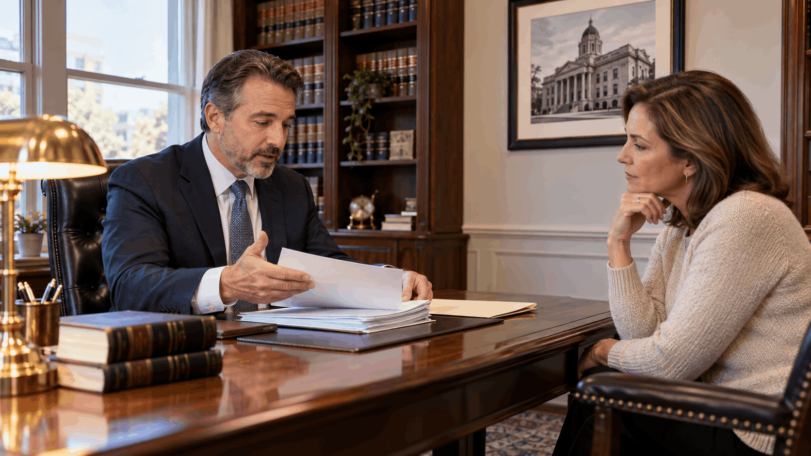 New Jersey probate attorney reviewing estate administration documents and explaining probate fees, legal costs, and the inherited home-selling process to an estate executor in a North Jersey law office.