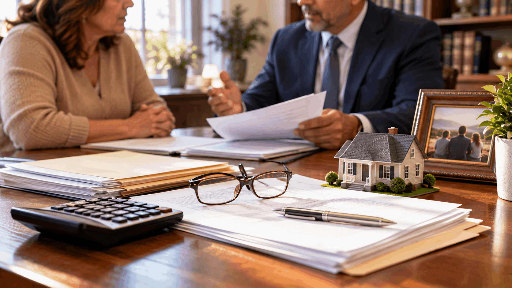 New Jersey inherited property tax planning consultation with estate documents, calculator, house model, and family photograph, illustrating probate home-selling taxes, capital gains, and estate expenses.