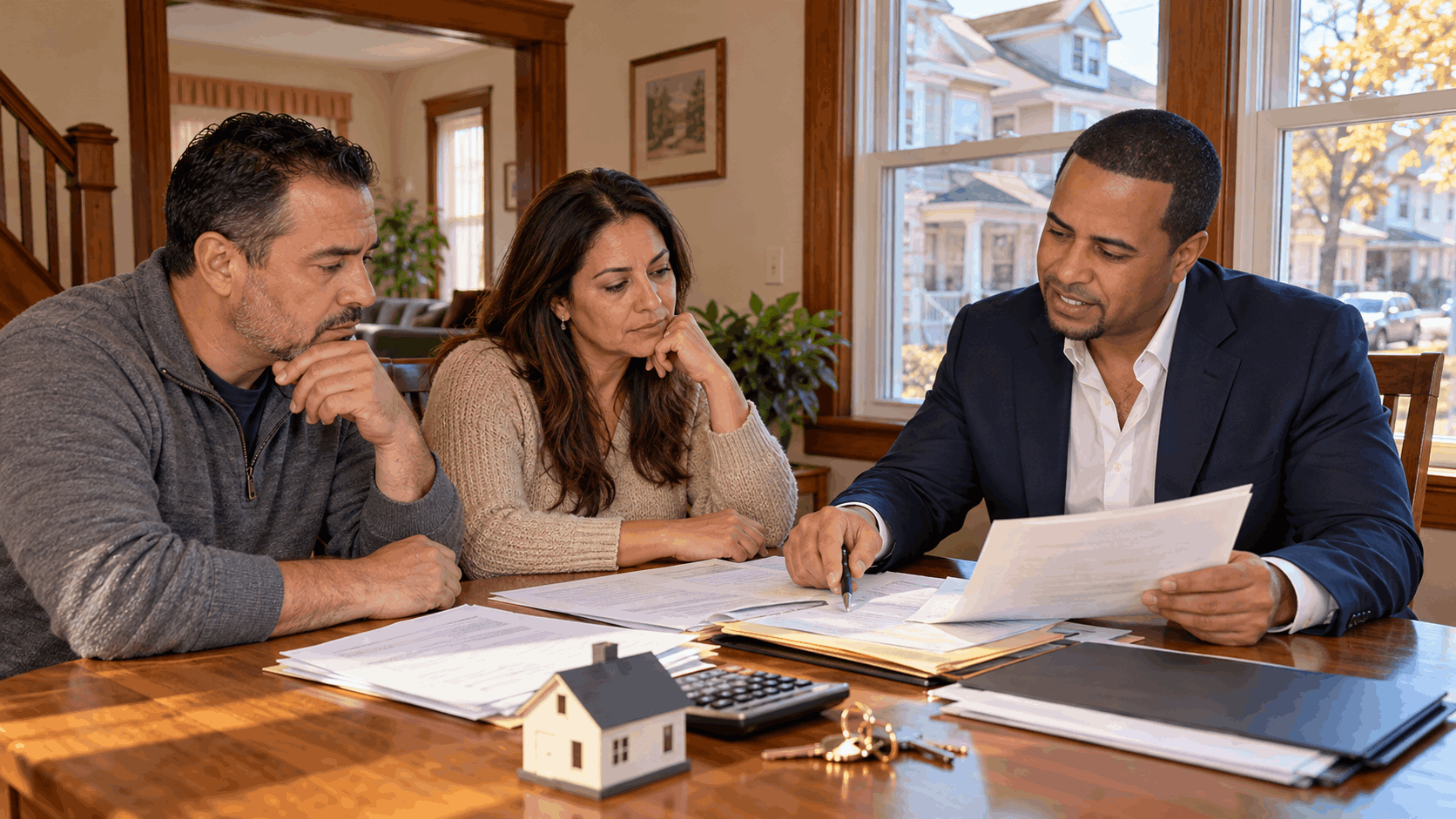 New Jersey estate executors reviewing inherited property mortgage payoffs, outstanding liens, and probate home selling costs with a real estate professional in a Paterson NJ home.