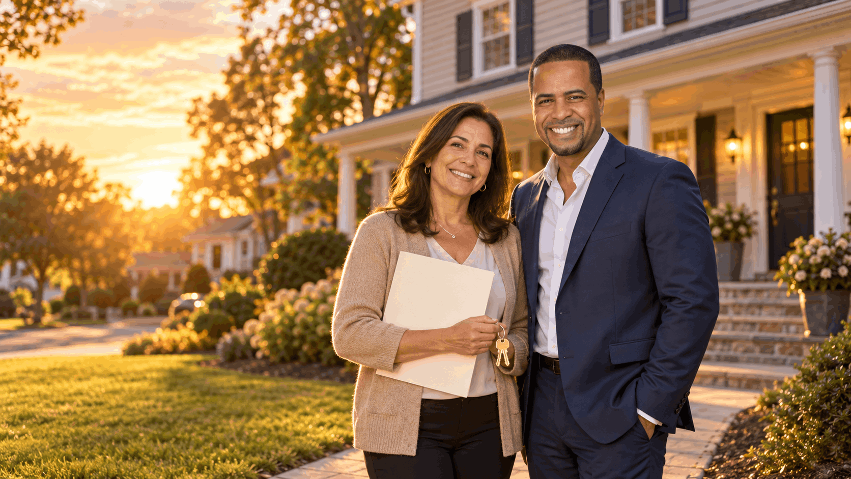 SEO alt text Johnny Rodriguez standing with an estate representative outside a Clifton NJ colonial home at sunset, holding a closing folder and keys after a successful inherited property sale.