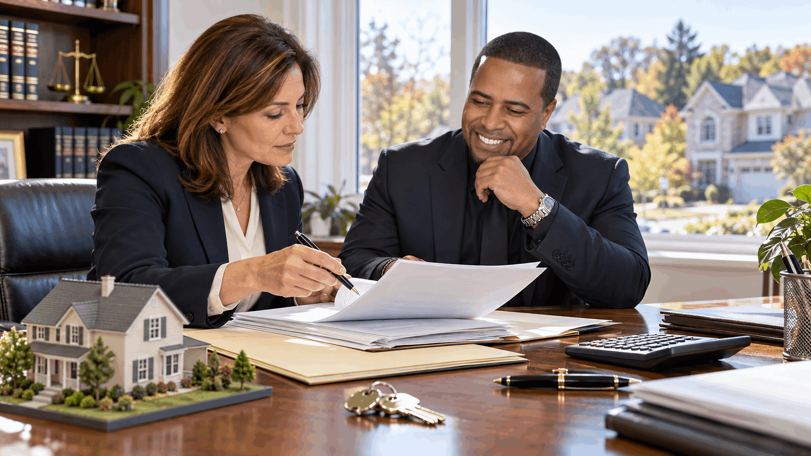 New Jersey probate house sale closing preparation with an estate executor and real estate attorney reviewing documents, transfer fees, and closing costs in 2026.