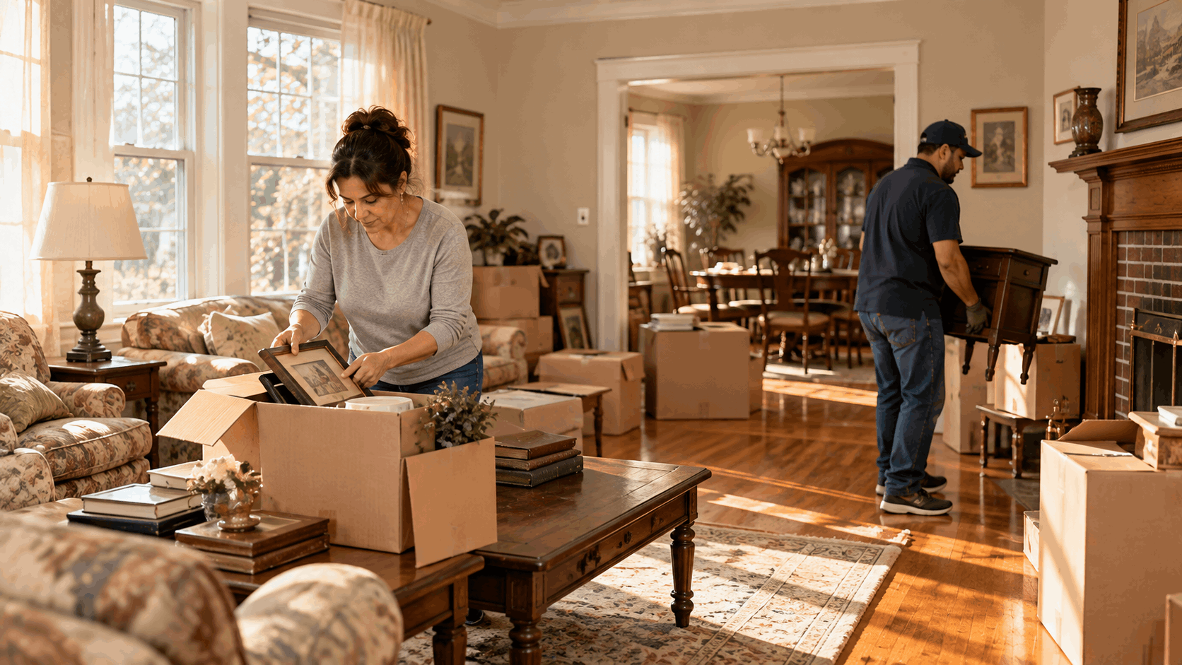 Family member and estate cleanout professional organizing belongings, packing moving boxes, and removing furniture from an inherited North Jersey home before a probate house sale.