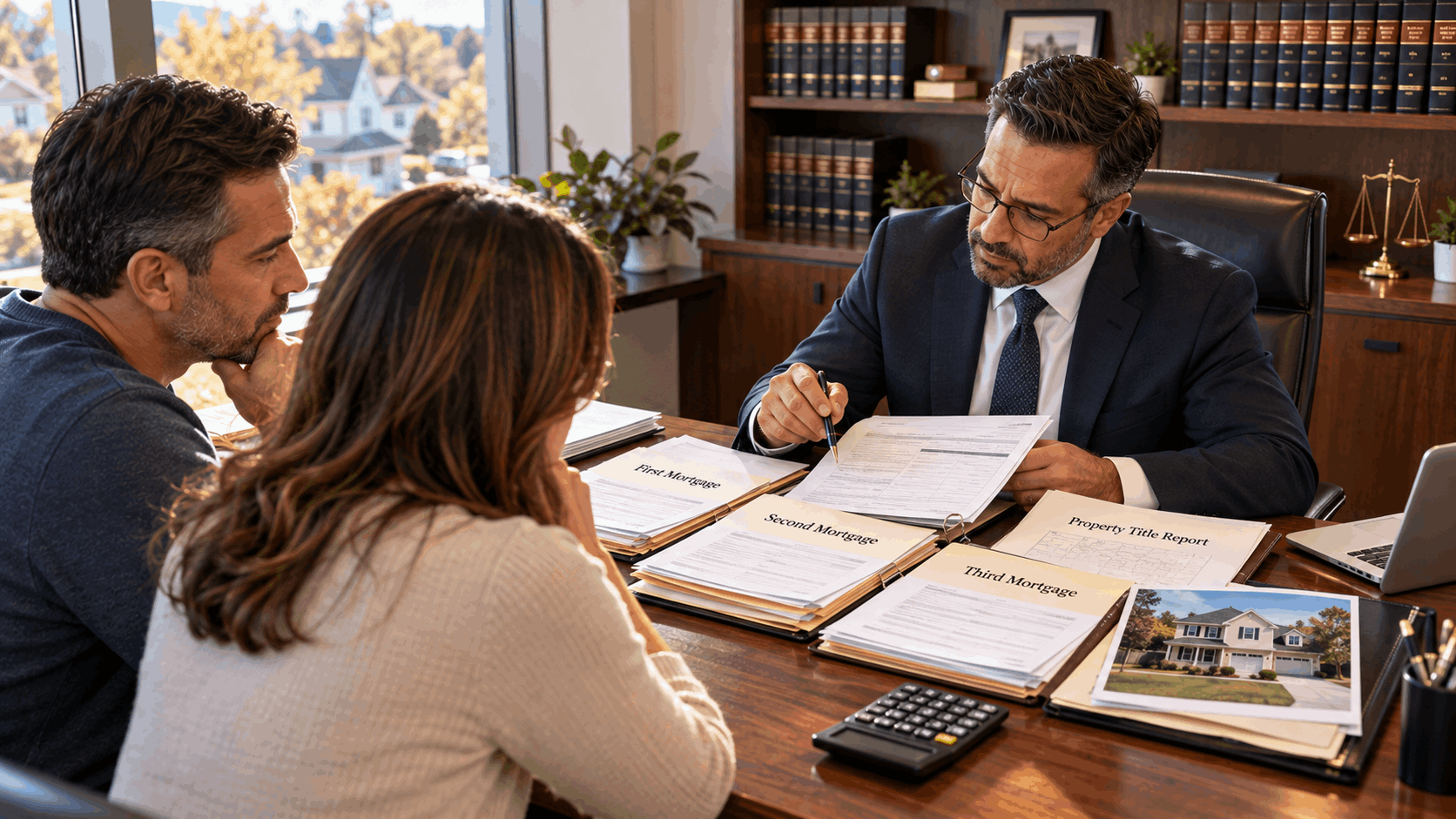 New Jersey real estate attorney reviewing first, second, and third mortgage documents, property title report, and liens with homeowners during a short sale consultation.