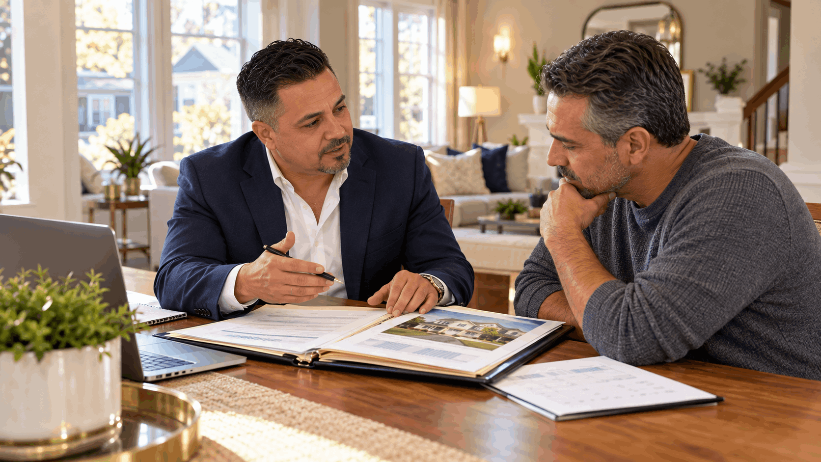 Johnny Rodriguez, New Jersey short sale Realtor, reviewing home valuation documents and explaining short sale options to a Clifton, NJ homeowner during an in-home consultation.