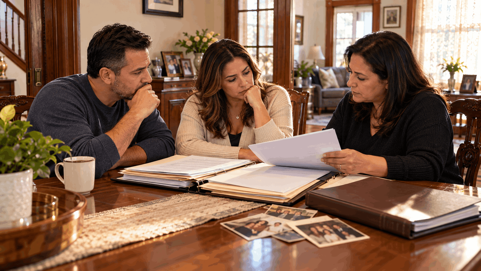 Three adult siblings reviewing inherited property documents, mortgage responsibilities, and estate paperwork in a traditional Paterson, NJ family home.