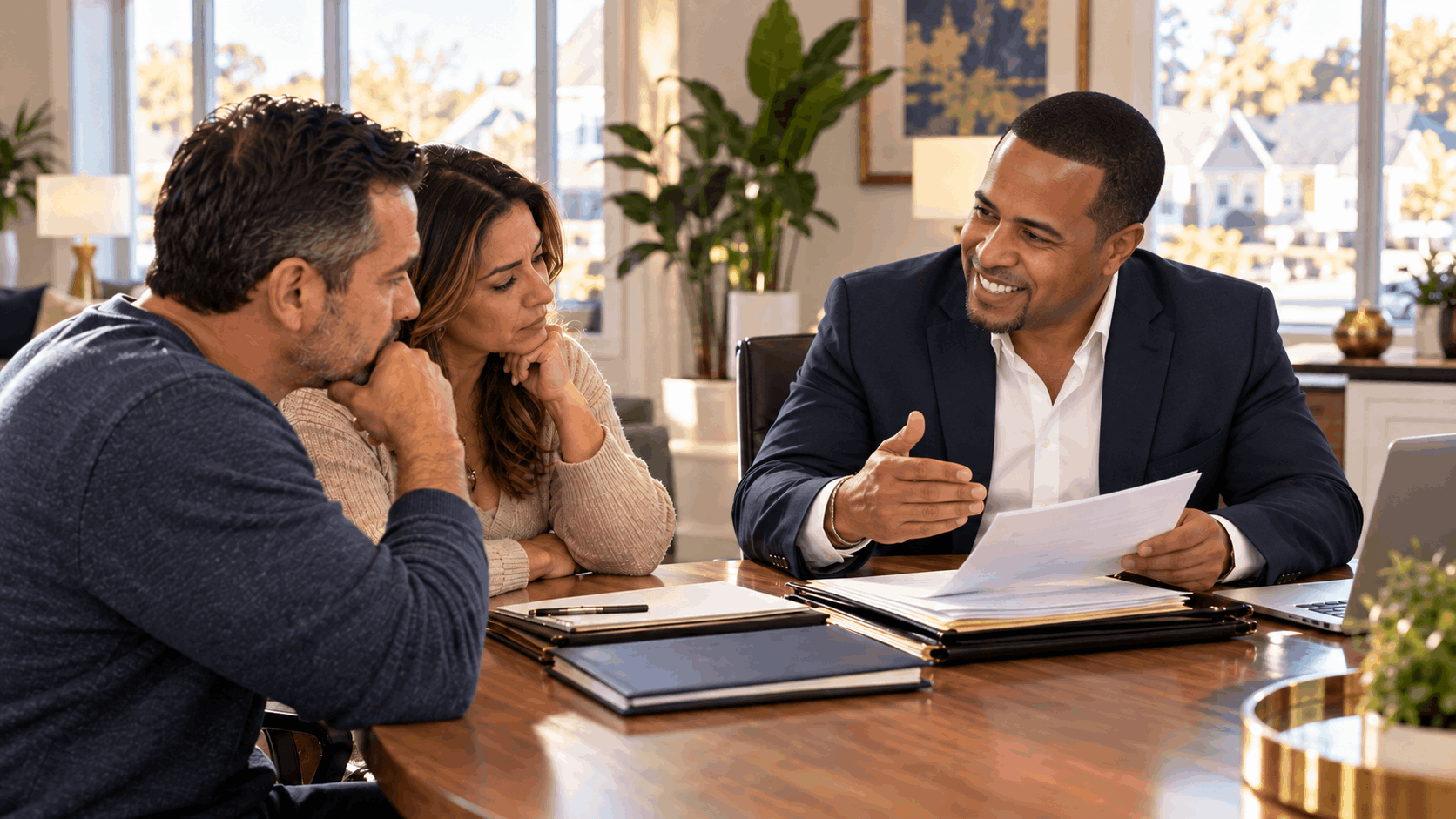 Johnny Rodriguez, New Jersey short sale Realtor, explaining mortgage relief and short sale options to a homeowner couple during a consultation in Clifton, NJ.