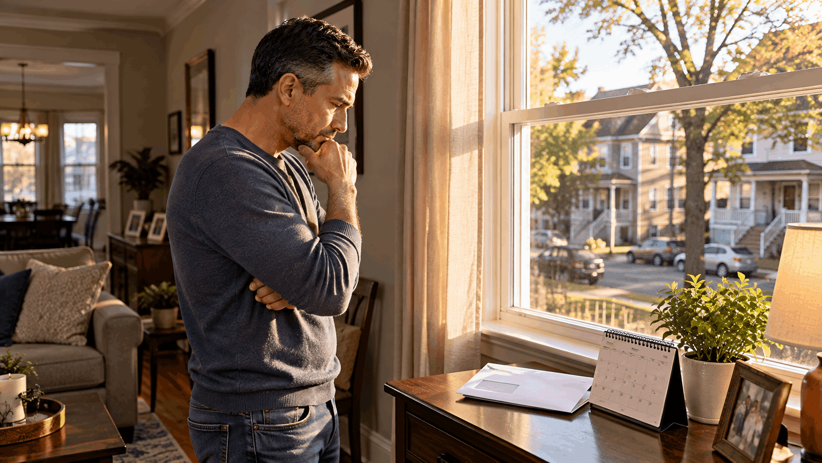 Paterson, NJ homeowner thoughtfully considering a legal notice and upcoming foreclosure deadlines while standing beside a window overlooking a residential neighborhood.