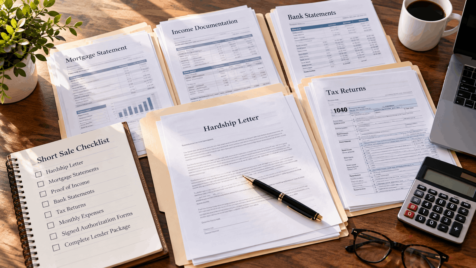 Organized New Jersey short sale hardship package with mortgage statements, income documents, bank statements, tax returns, hardship letter, and lender submission checklist.