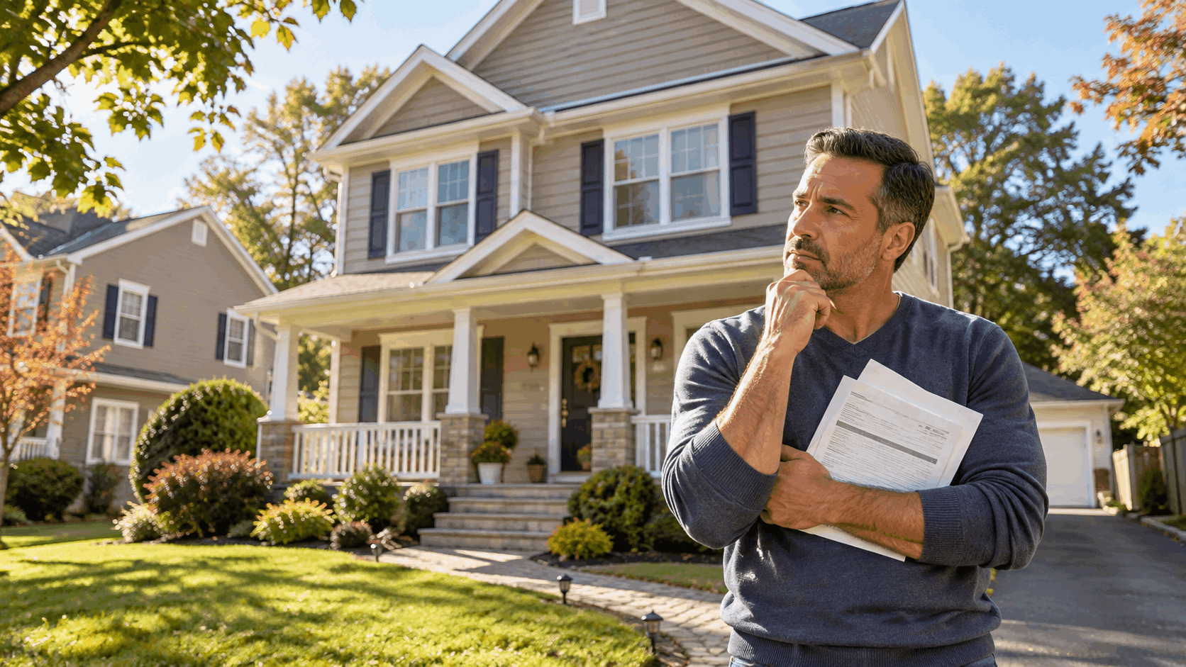 New Jersey homeowner reviewing mortgage documents outside a well-maintained colonial-style home in Clifton, NJ, while considering short sale options before missing payments.