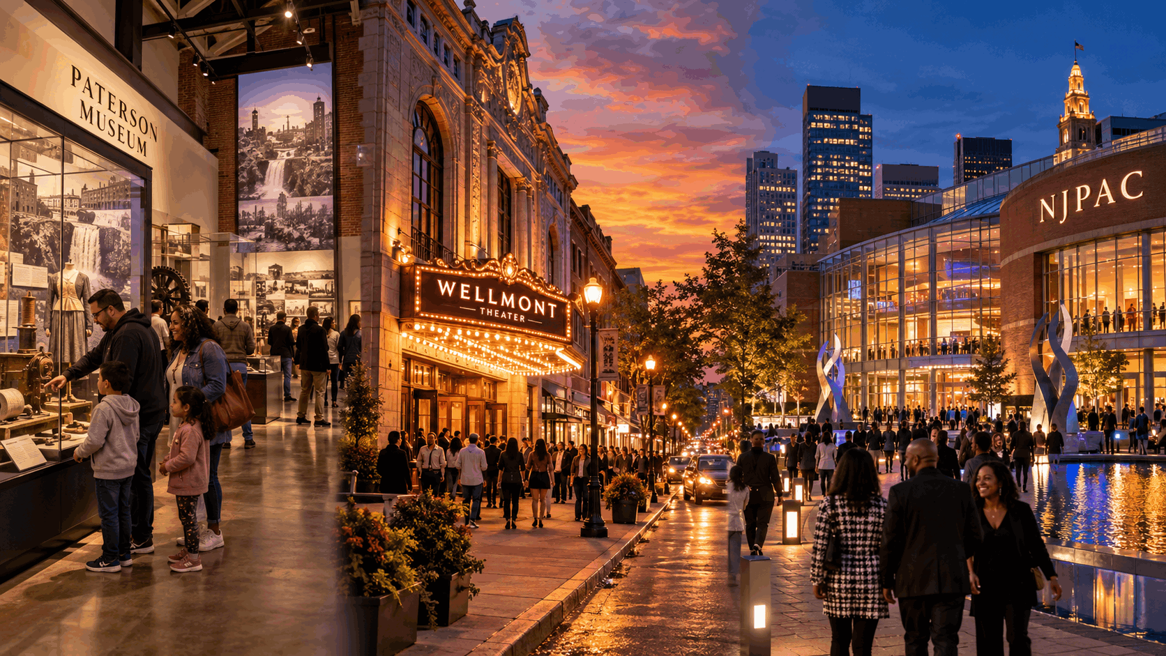 North Jersey cultural scene featuring the Paterson Museum, Wellmont Theater in Montclair, and NJPAC in Newark with families, visitors, and evening city lights.