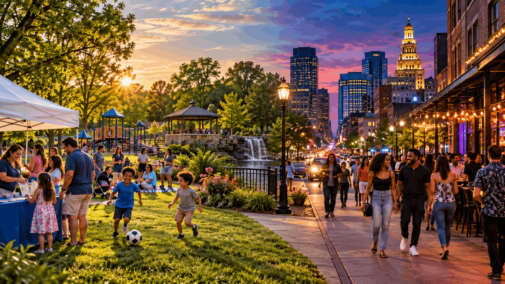 Split North Jersey scene showing a family-friendly community event in a sunny Clifton park and lively Newark restaurants and nightlife at sunset.