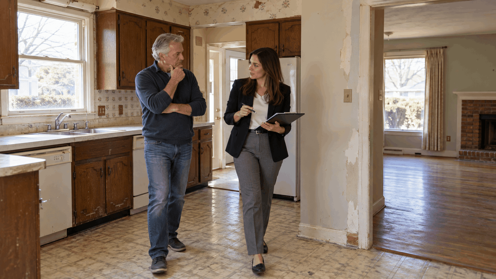 North Jersey homeowner and real estate professional walking through an older home discussing whether to make repairs or sell the property as-is.