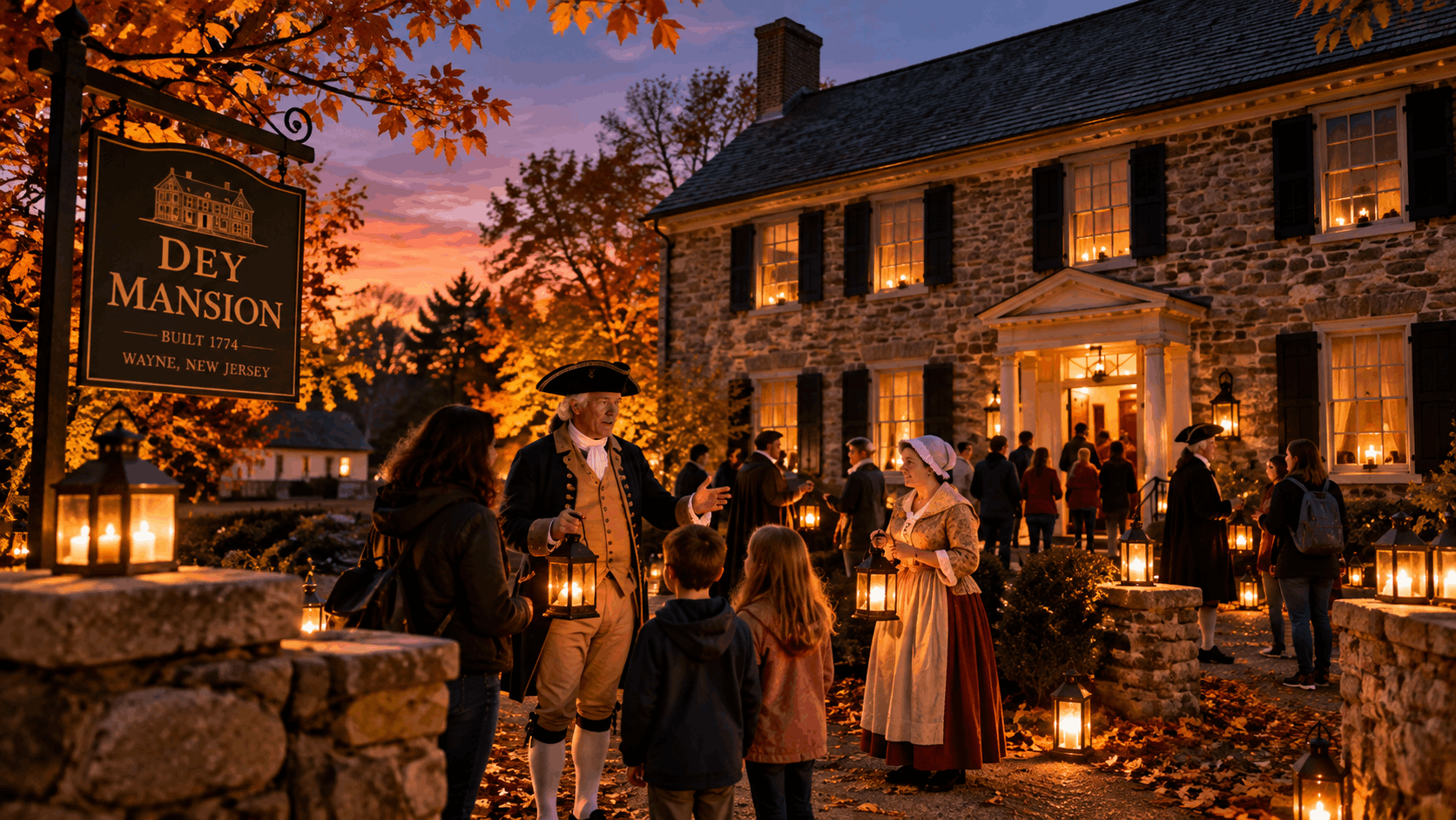 Historic Dey Mansion in Wayne, NJ at dusk, with lanterns, Revolutionary War-era reenactors, and visitors enjoying an educational fall event.