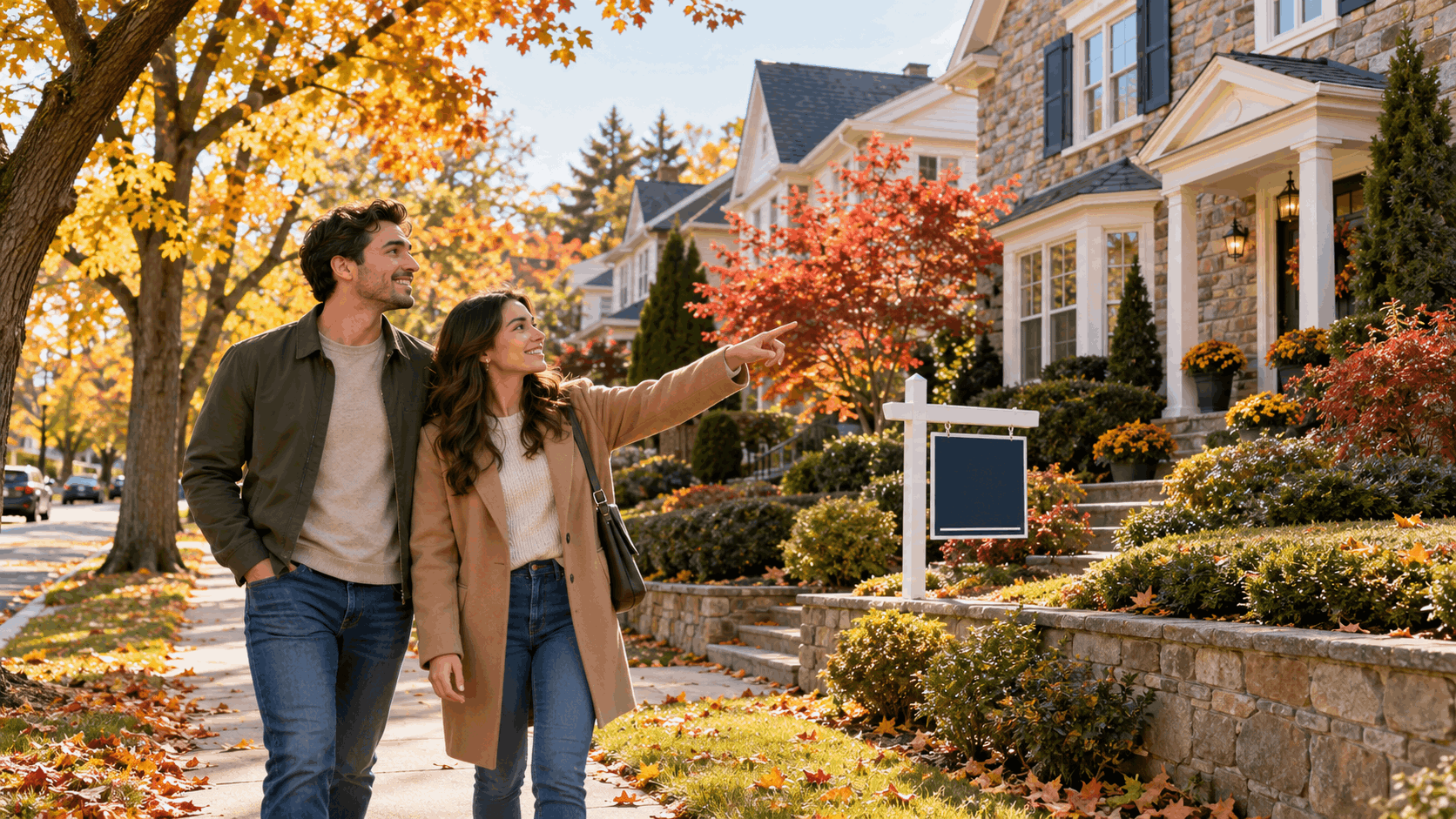Young couple exploring homes for sale in a tree-lined Clifton, NJ neighborhood during fall, with autumn foliage and a real estate sign visible.