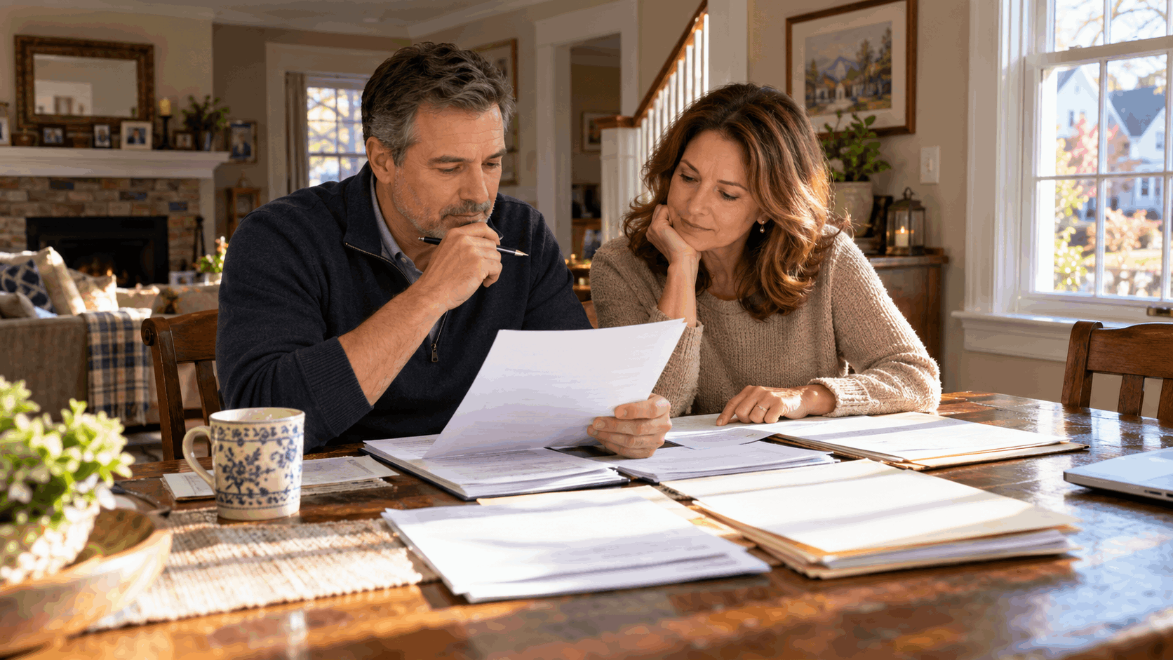 Middle-aged couple reviewing inherited property paperwork at a dining table in a cozy North Jersey home with warm natural sunlight.