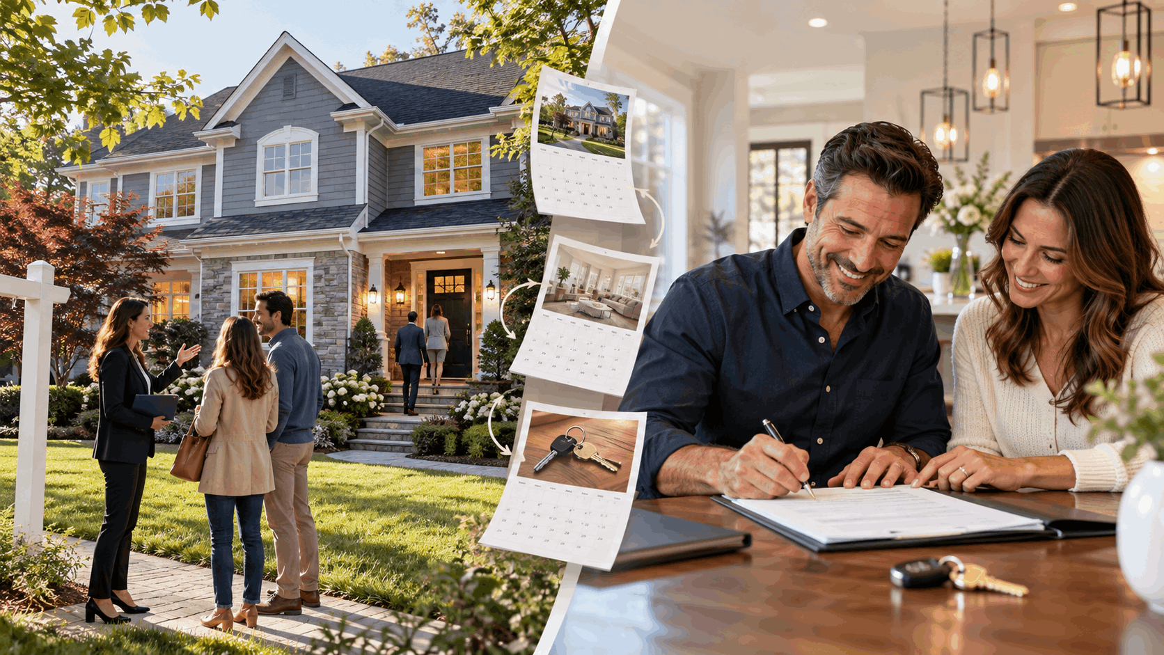 New Jersey home selling timeline showing buyers making an offer and homeowners reviewing closing documents and house keys.