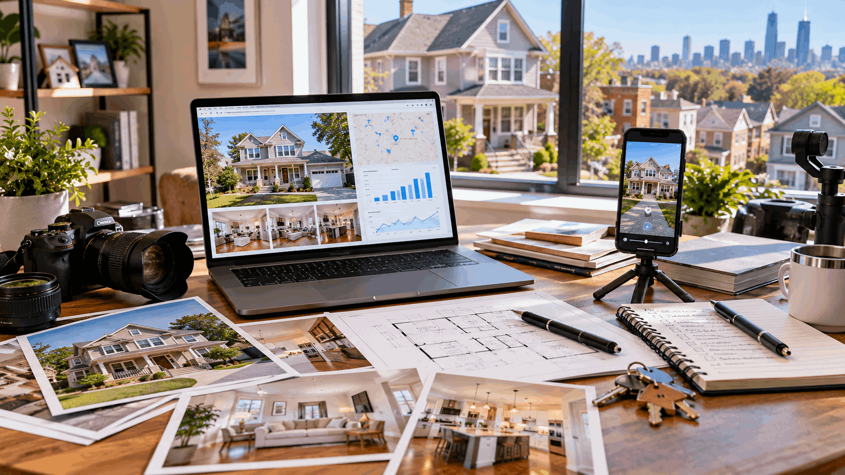 North Jersey real estate marketing workspace with property photography, market research, video equipment, floor plans, house keys, and a home visible outside.