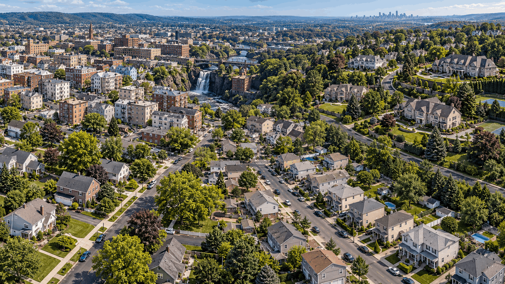 Aerial view comparing North Jersey neighborhoods with Clifton suburban streets, Paterson multifamily homes, Passaic County single-family areas, and upscale Bergen County houses.