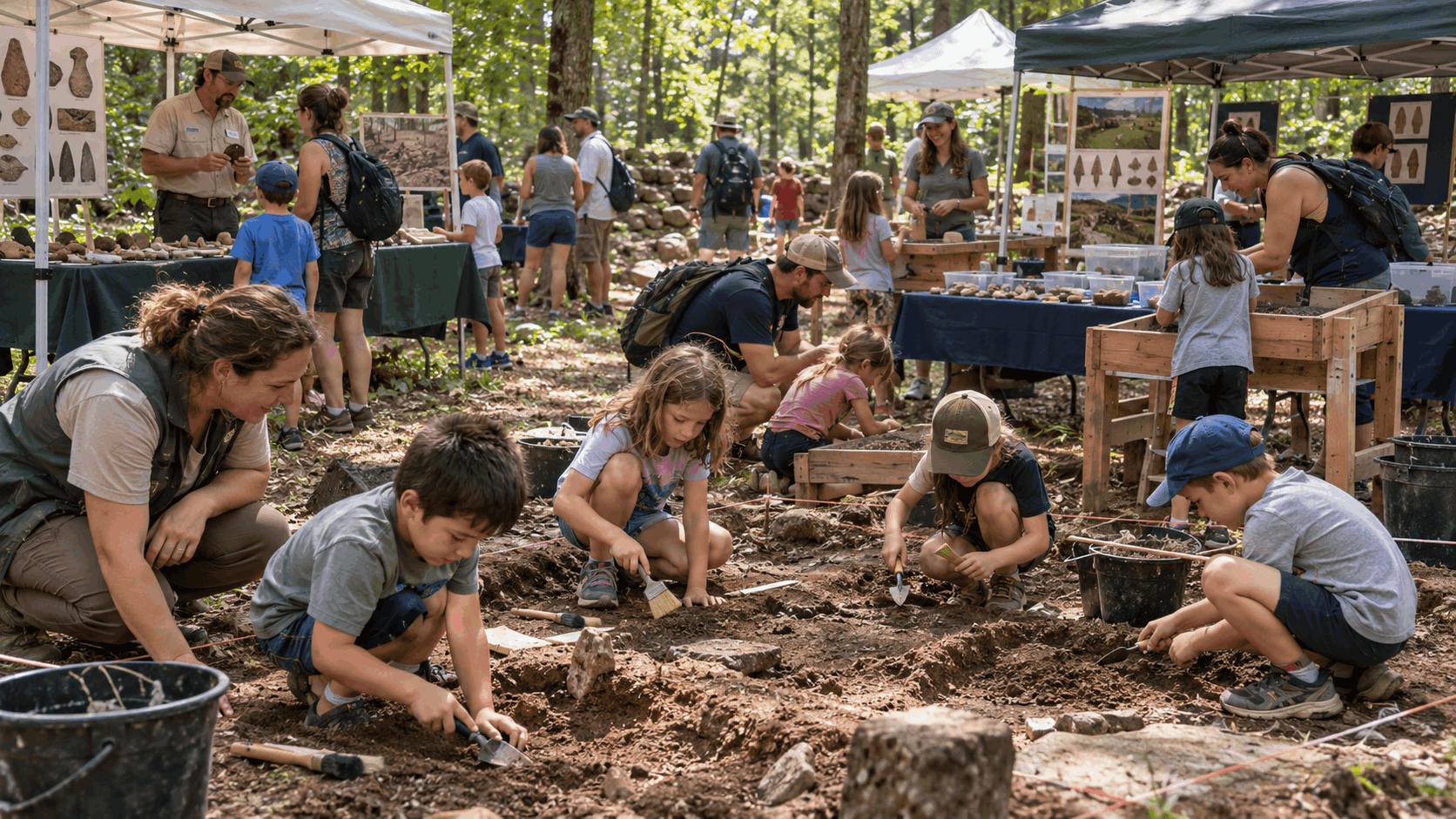 Children and families participating in an outdoor archaeology dig in Ringwood, NJ, uncovering artifacts and learning through hands-on activities.