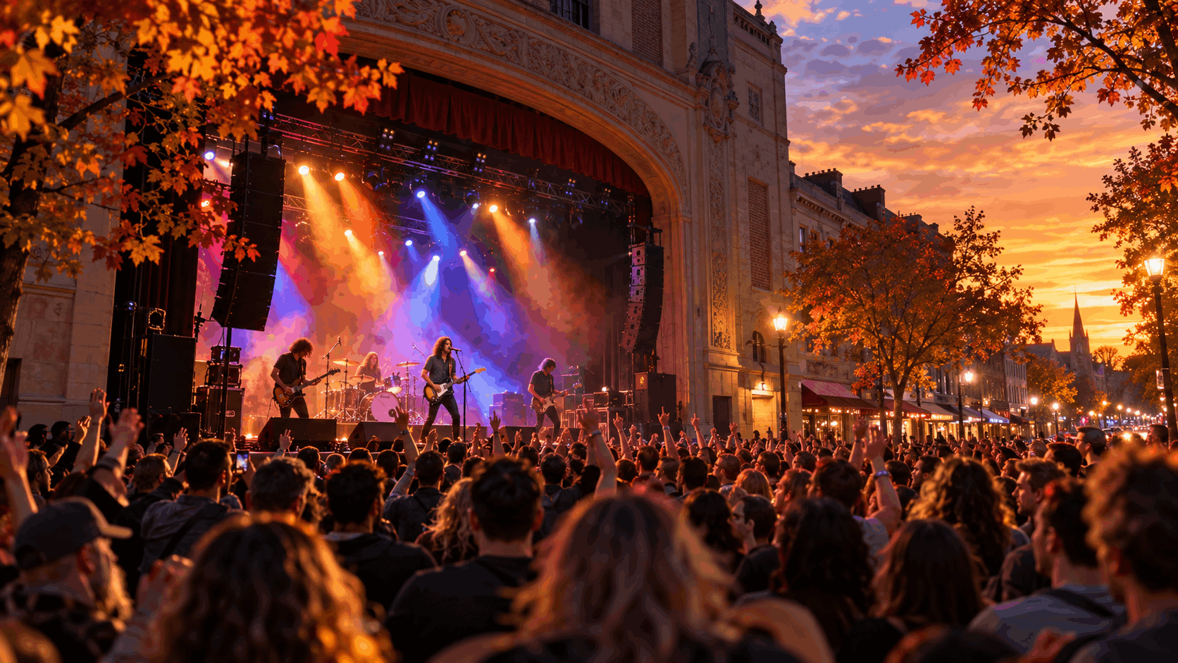 Lively rock concert at the Wellmont Theater in Montclair, NJ, with a band performing under colorful lights, an excited crowd, and autumn scenery.