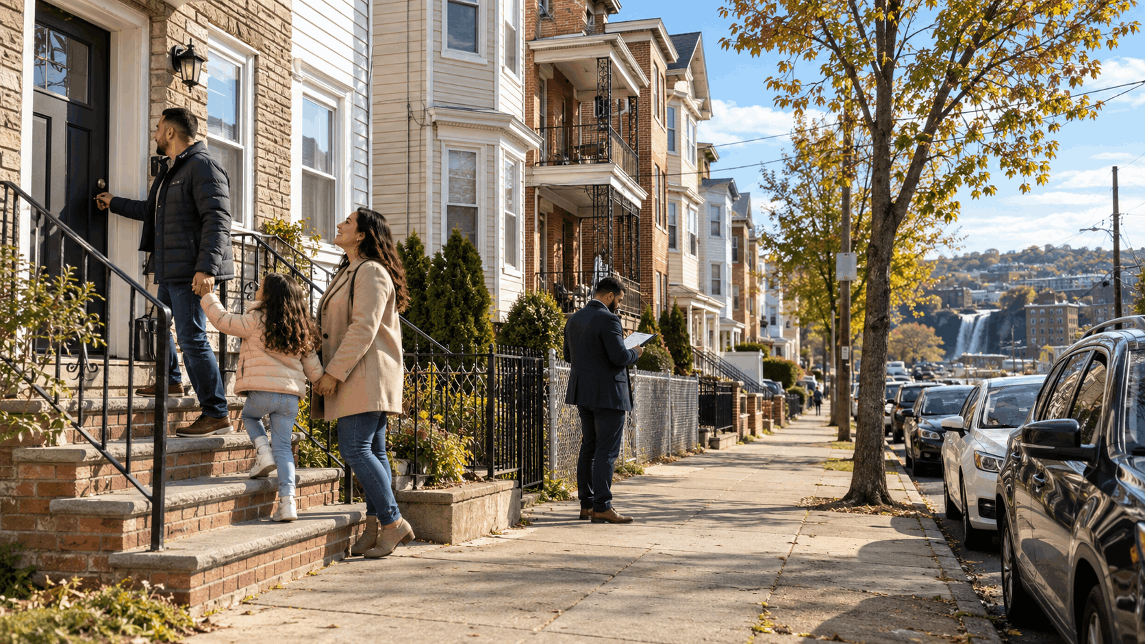Paterson New Jersey residential street with a family touring a home and an investor reviewing numbers outside multifamily properties in a North Jersey neighborhood.