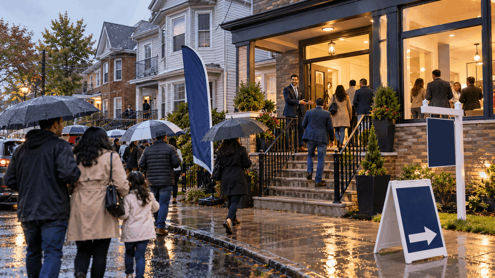 Busy rainy-day open house in Paterson, New Jersey, with families arriving under umbrellas as a real estate agent greets buyers at the entrance.