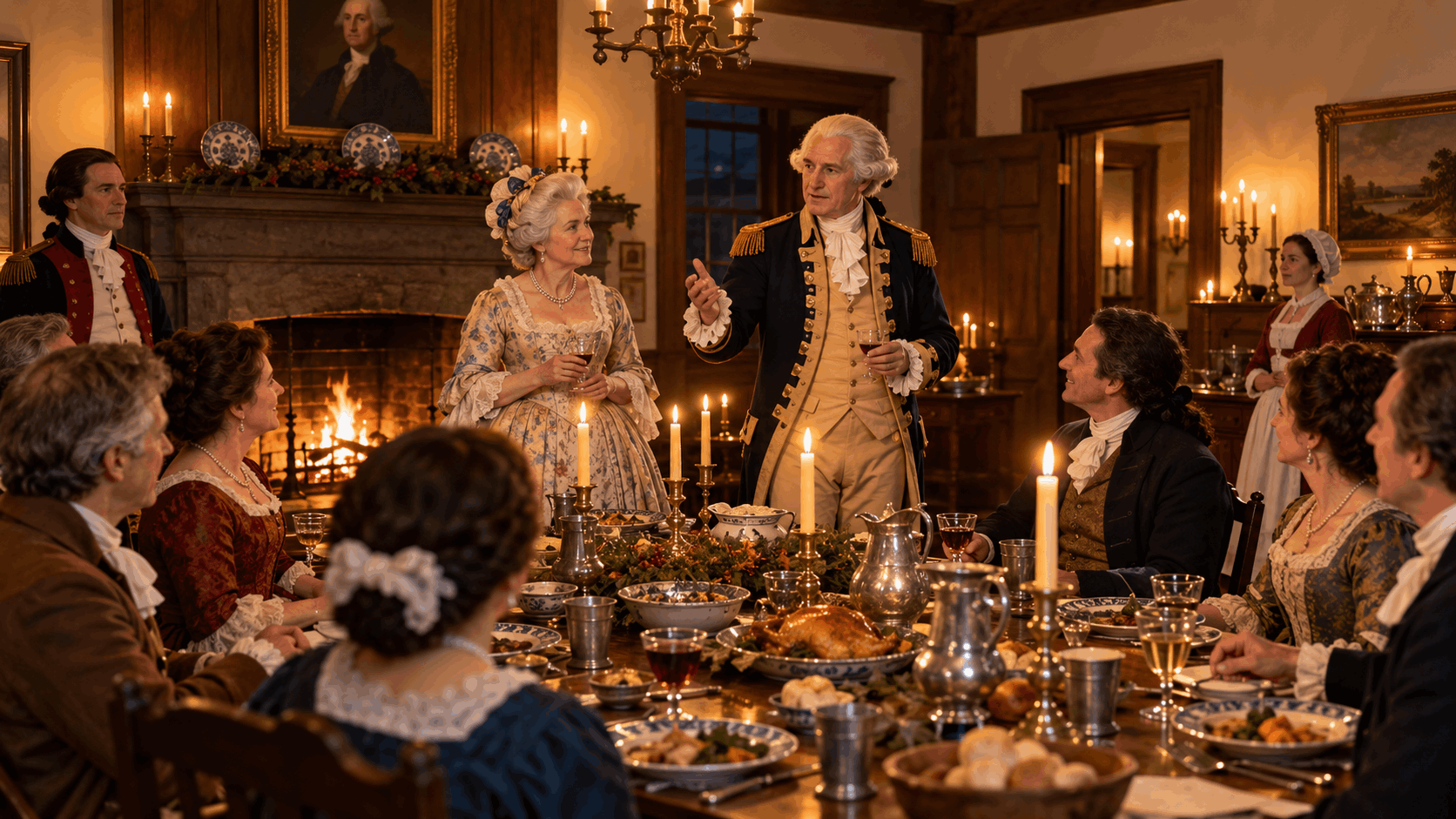 Revolutionary War living-history dinner inspired by Dey Mansion in Wayne, NJ, featuring costumed interpreters portraying George and Martha Washington at a candlelit colonial feast.
