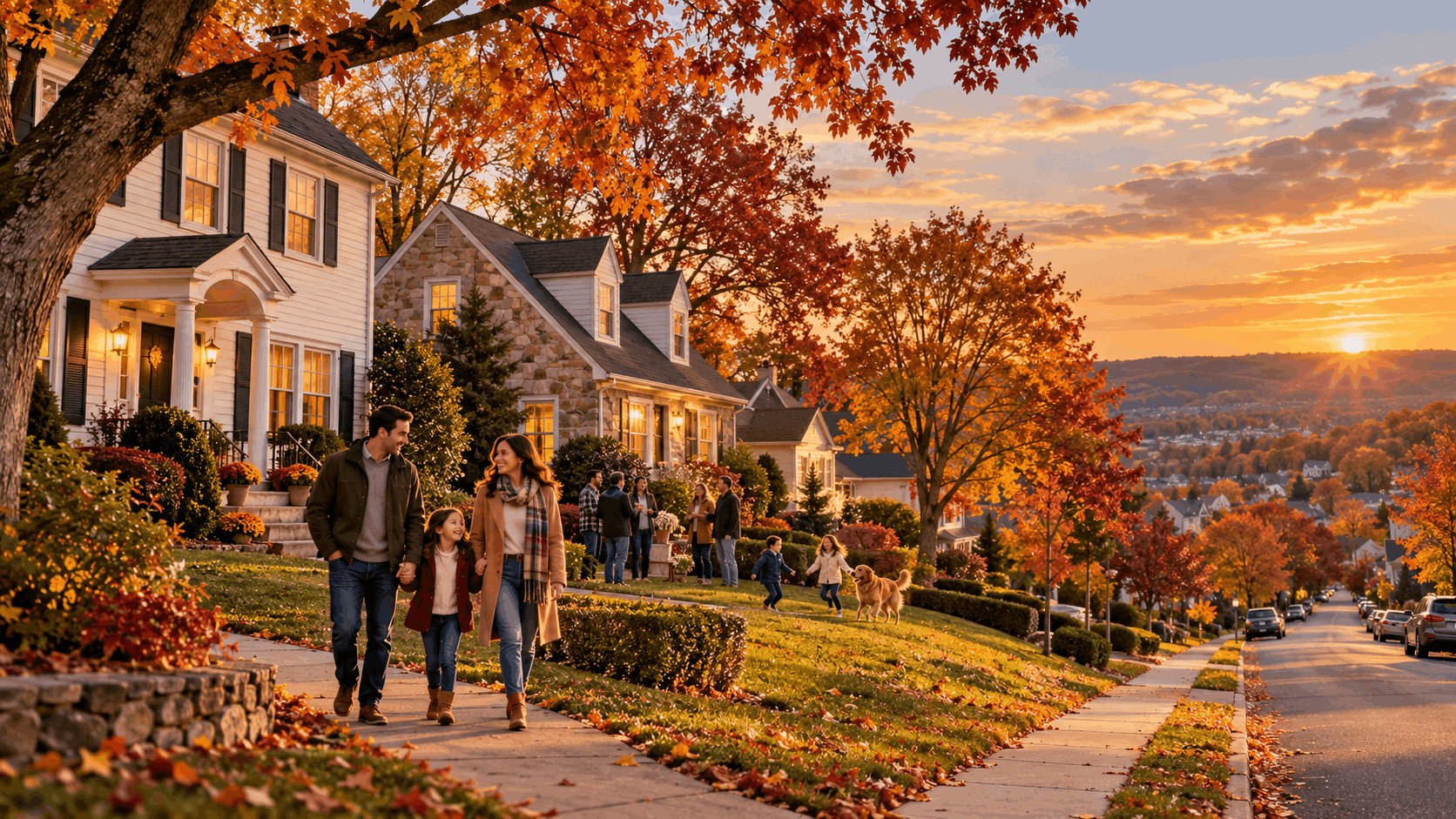 Family enjoying a November sunset stroll through a charming Clifton, NJ neighborhood, featuring traditional colonial homes, colorful autumn foliage, and a welcoming North Jersey community atmosphere.