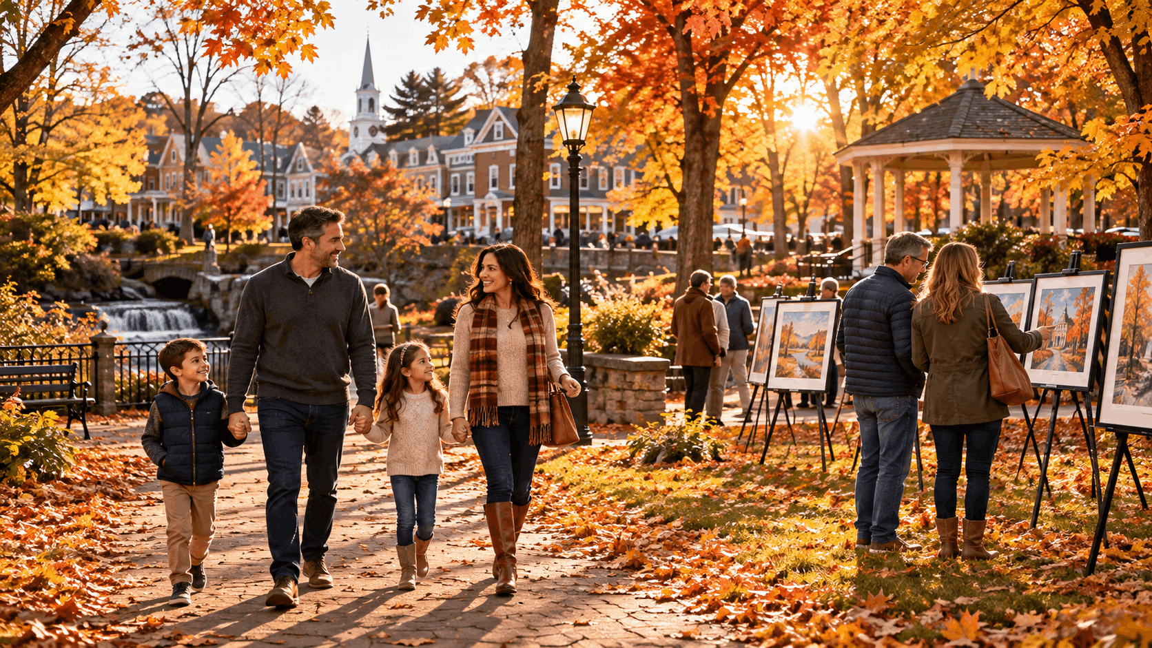 Family enjoying a free autumn weekend outing in North Jersey, walking through a scenic park with colorful November foliage, historic buildings, and an outdoor community art display.