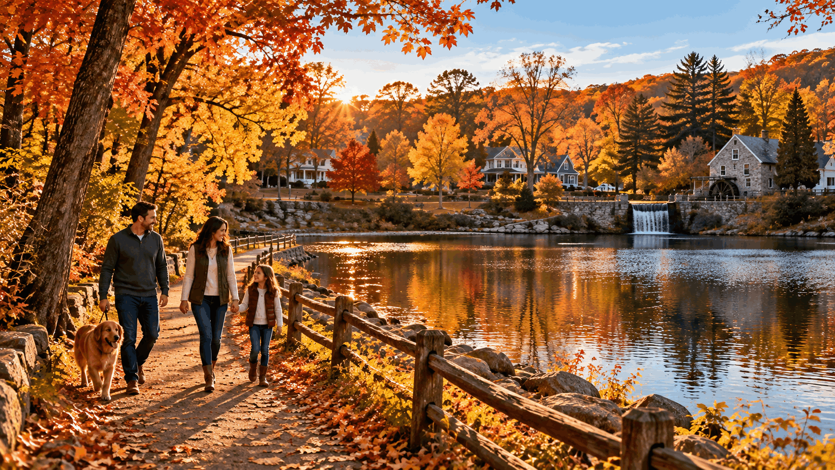 Family enjoying a scenic autumn walk along a peaceful North Jersey lake, surrounded by colorful November foliage, historic stone architecture, and nature trails inspired by Wayne, Hawthorne, and Ringwood, NJ.