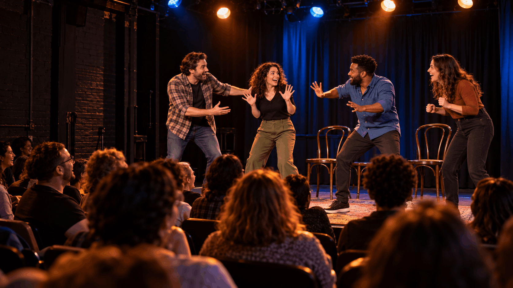 Live improv comedy performance inspired by Cinema505 in Montclair, NJ, featuring four comedians entertaining a laughing audience in an intimate theater with colorful stage lighting.