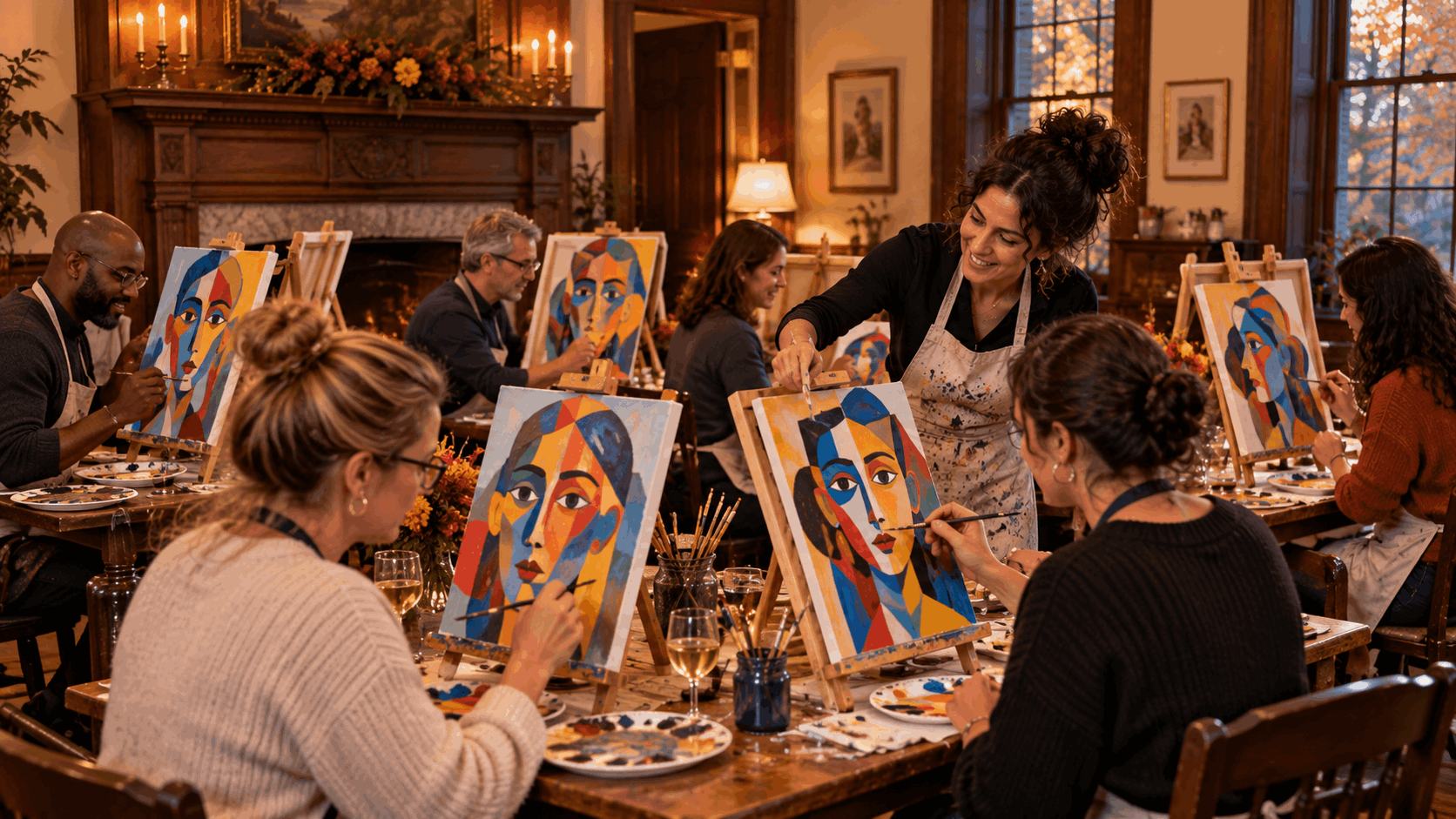Adult painting workshop inspired by the historic John W. Rea House in Hawthorne, NJ, featuring participants creating colorful Cubism-inspired portraits with guidance from an art instructor.