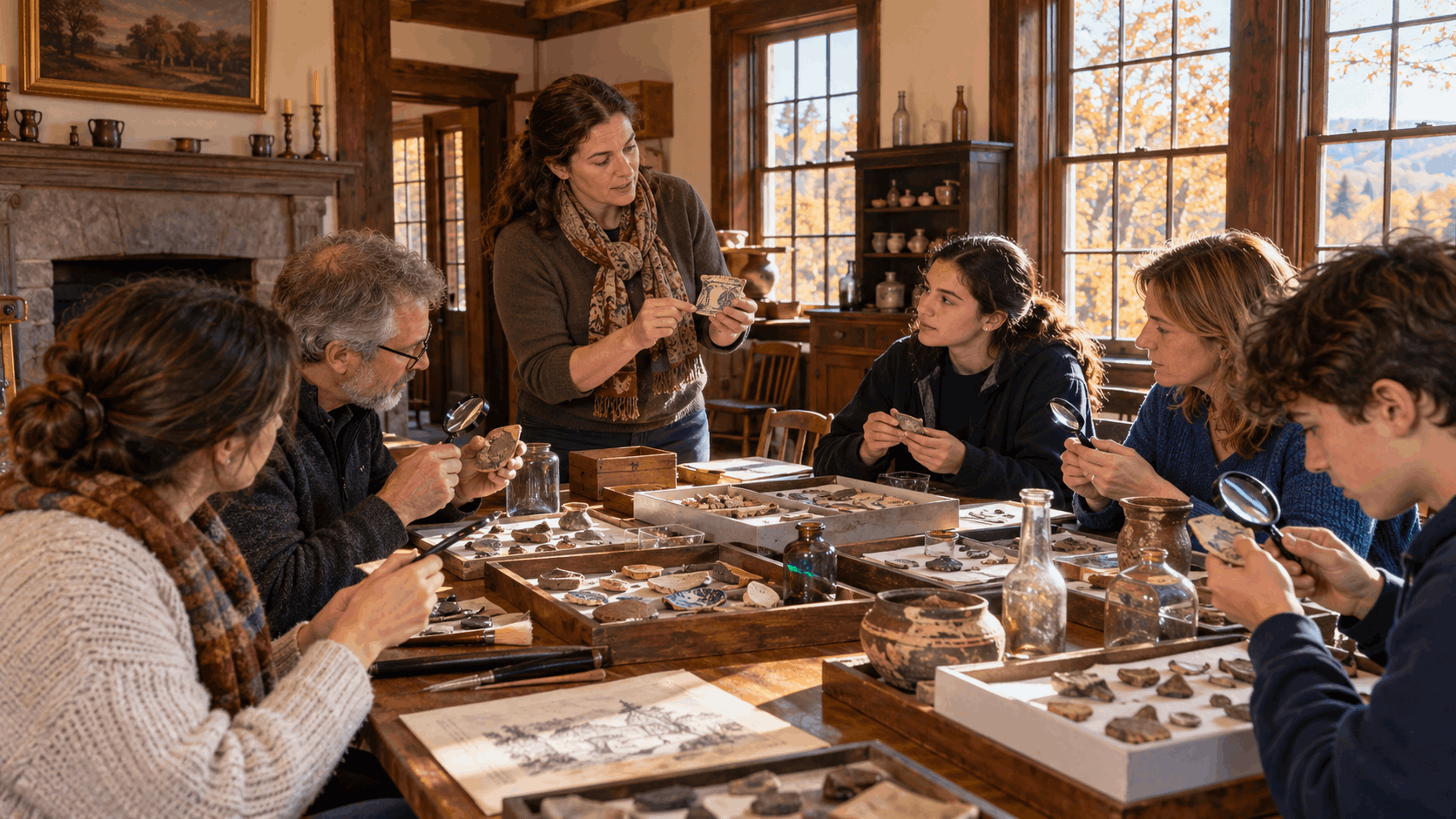 Archaeology workshop in Ringwood, NJ, featuring participants examining historic pottery fragments, glass bottles, and artifacts with magnifying glasses inside a preserved historic house.