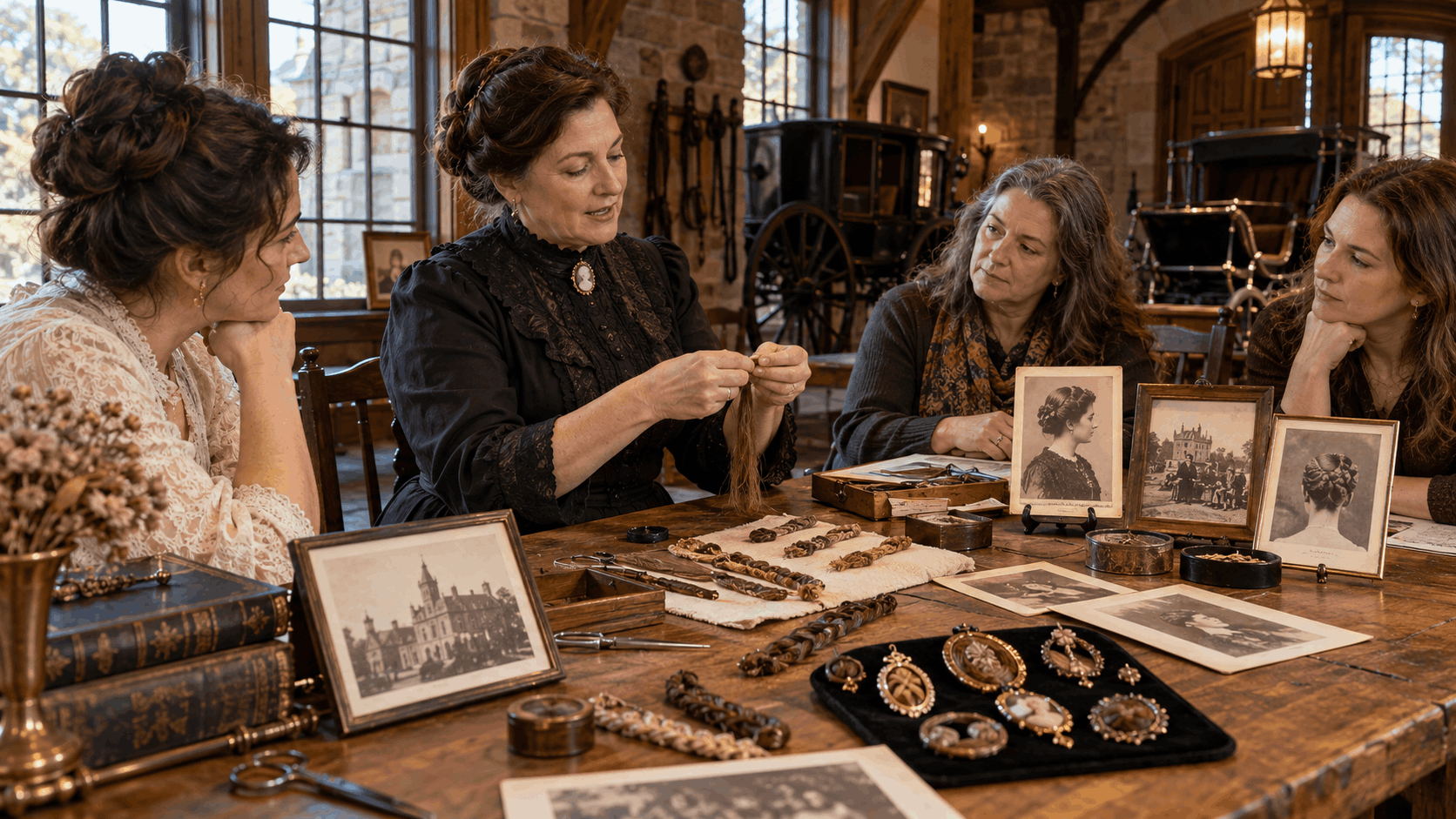 Victorian hairwork craft workshop inspired by Lambert Castle in Paterson, NJ, featuring a museum educator demonstrating traditional 19th-century jewelry-making techniques to visitors.