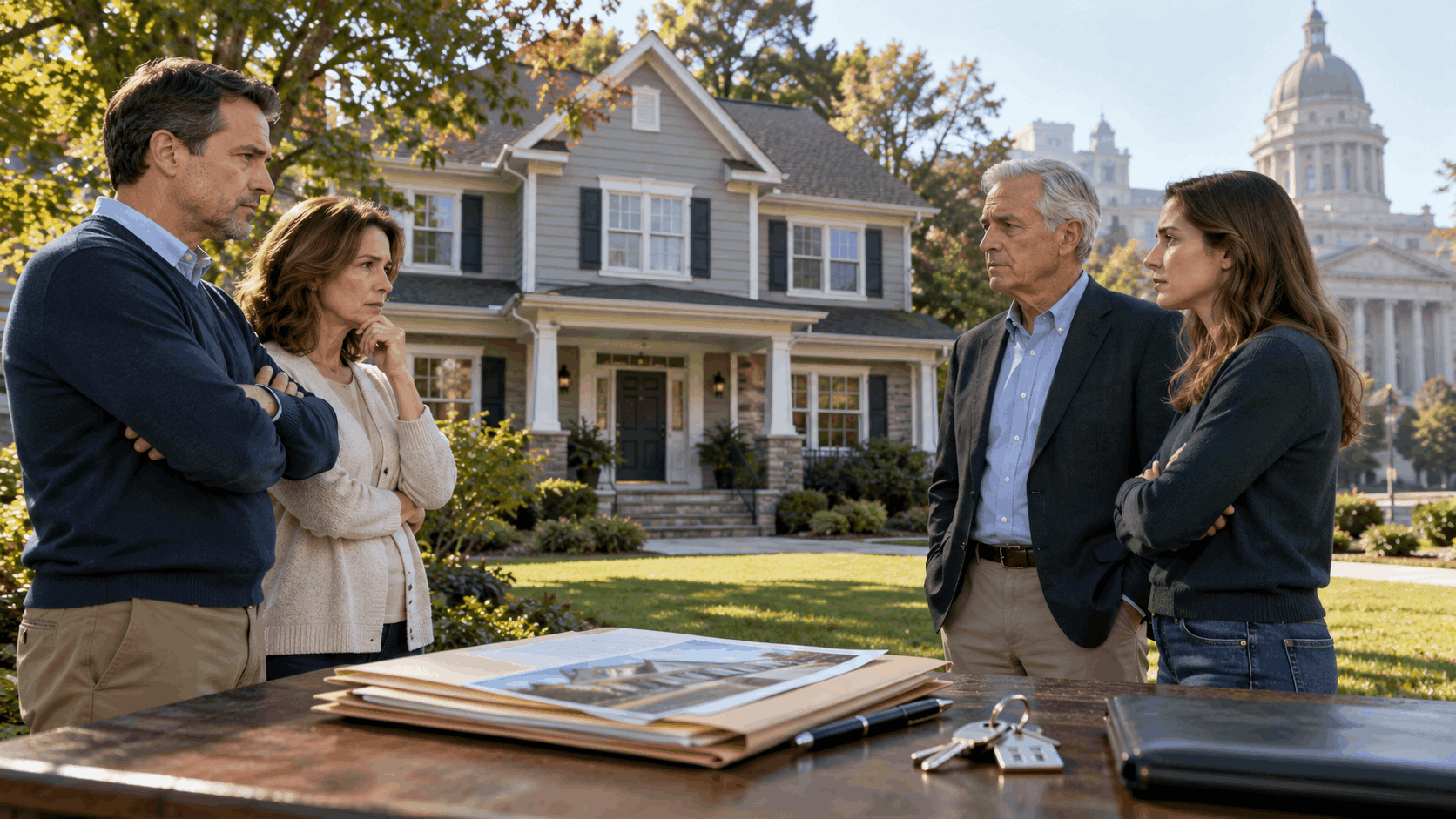 Family members discussing a disputed inherited New Jersey property with appraisal documents, house keys, and a courthouse in the background.