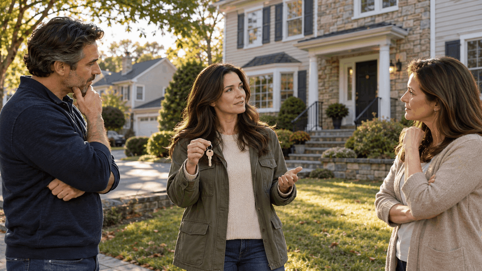 Adult siblings discussing a possible heir buyout outside an inherited North Jersey family home, with one sibling holding the house keys.