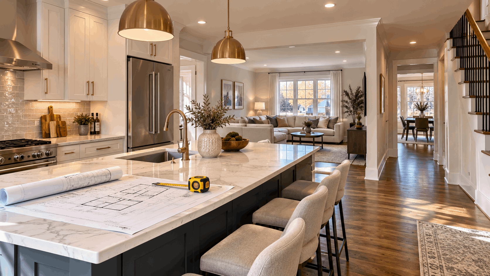 Renovated Clifton NJ home interior with modern kitchen, updated living space, renovation plans, and tape measure during the 2026 property revaluation.