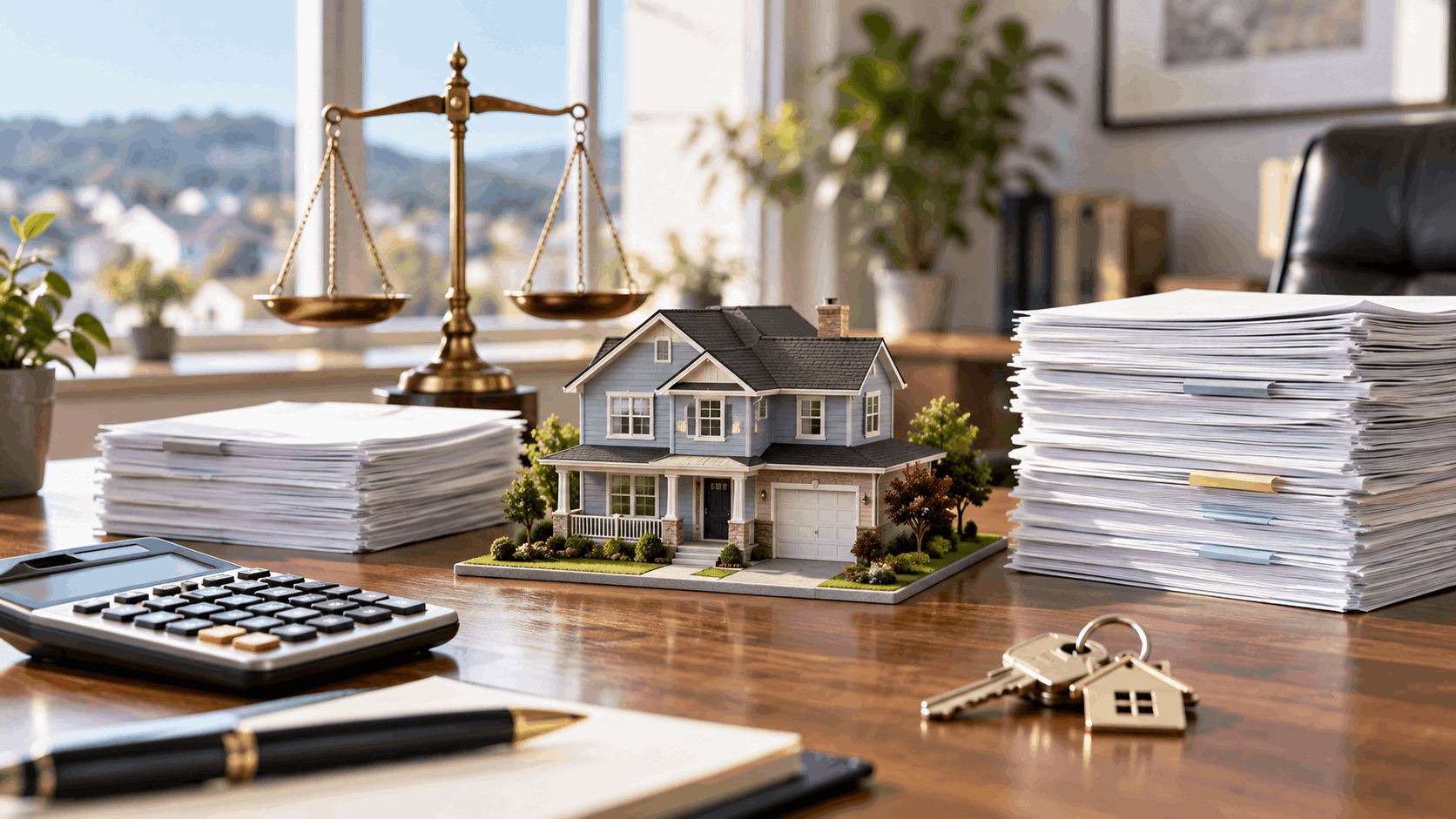 Clifton NJ property assessment concept showing old and new home valuations, tax documents, calculator, house keys, and balanced scale.
