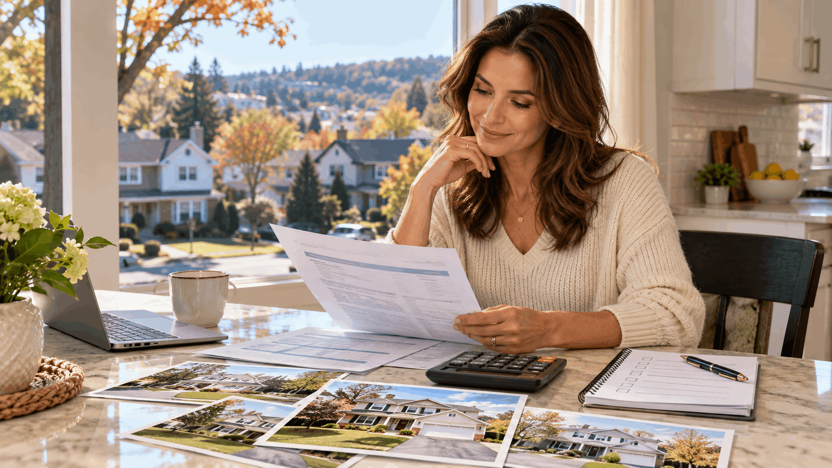 Clifton NJ homeowner reviewing a property assessment notice, comparable home photos, calculator, and checklist during the 2026 revaluation.