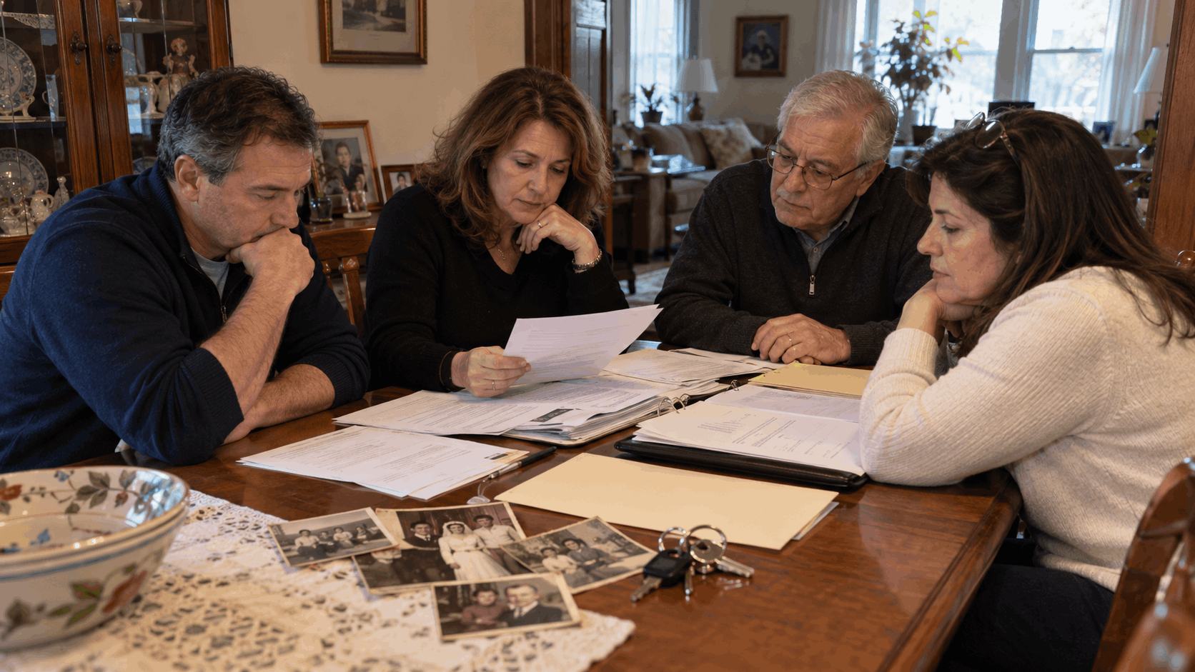 Family members reviewing estate paperwork, property tax documents, house keys, and family photos inside an inherited Clifton NJ home.