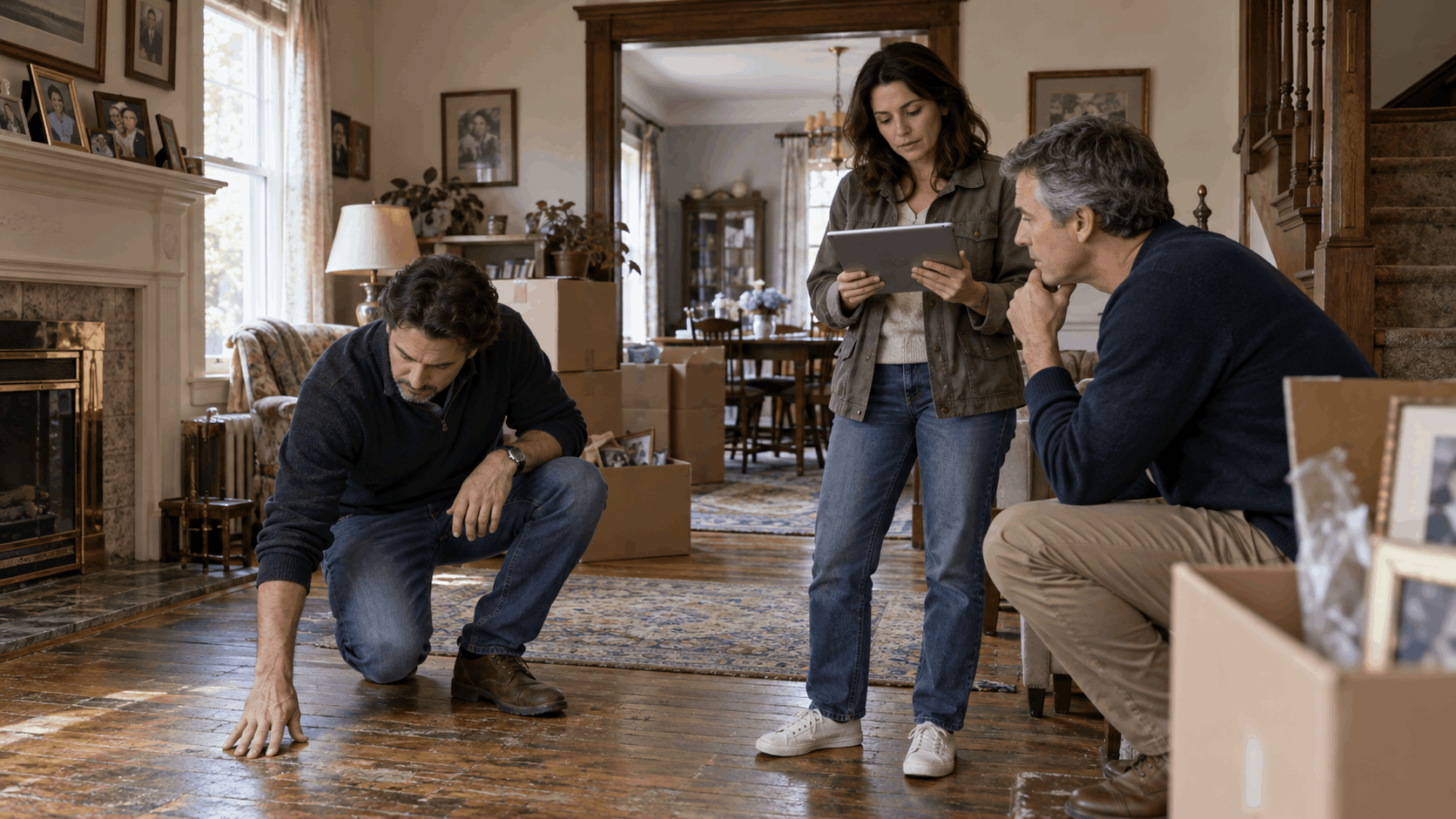 Adult siblings reviewing an inherited North Jersey home, comparing property condition and home sales while deciding what to do during probate.