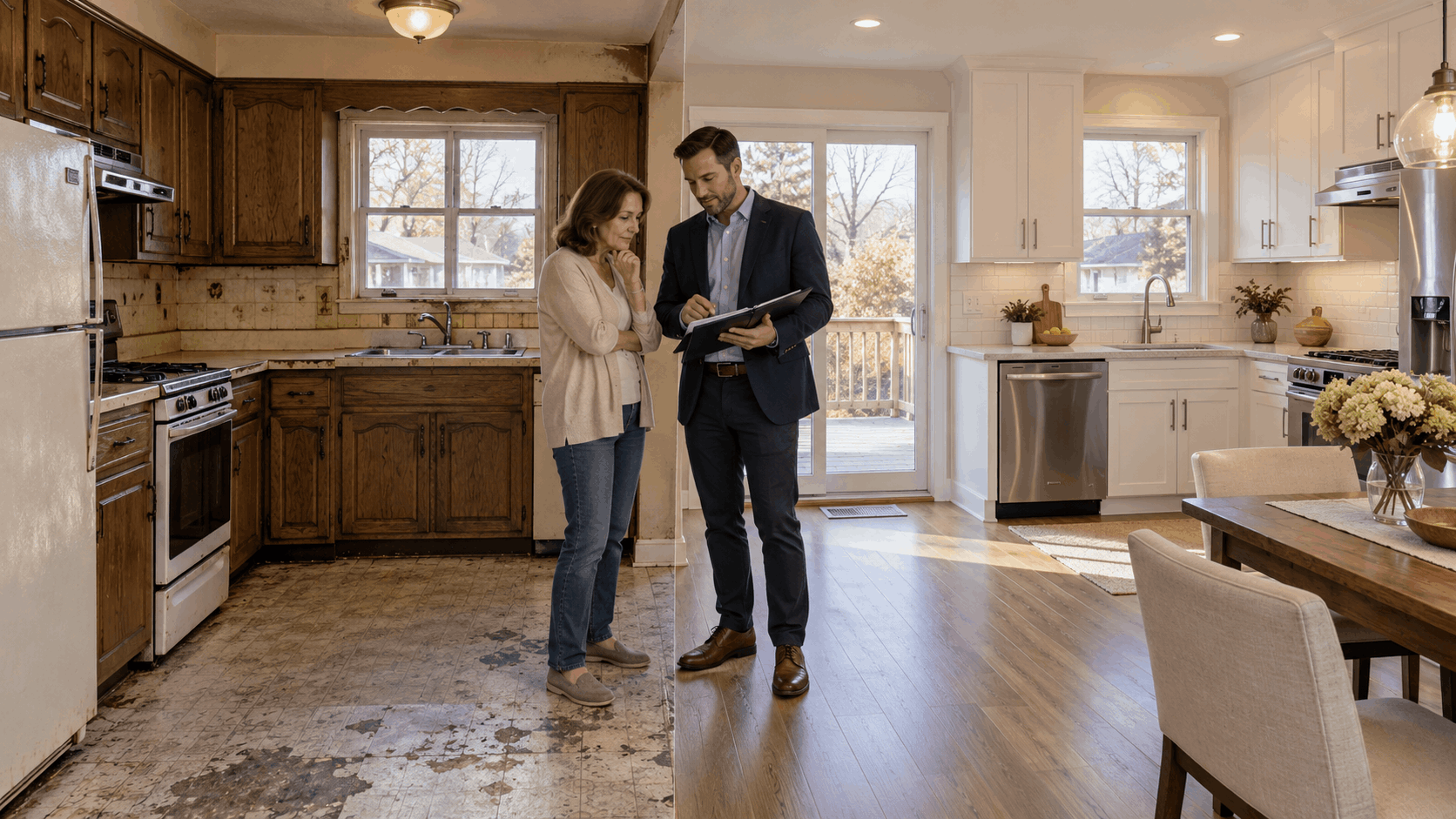 North Jersey inherited home showing a before-and-after pre-sale evaluation with dated features on one side, improved presentation on the other, and an agent reviewing repair notes with an heir.