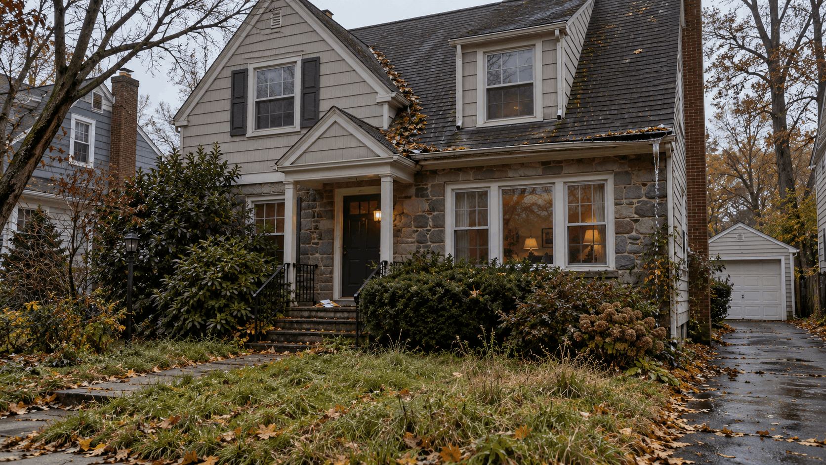 Vacant inherited North Jersey home with overgrown lawn, fallen leaves, deferred maintenance, gutter issues, and unopened mail near the entrance.